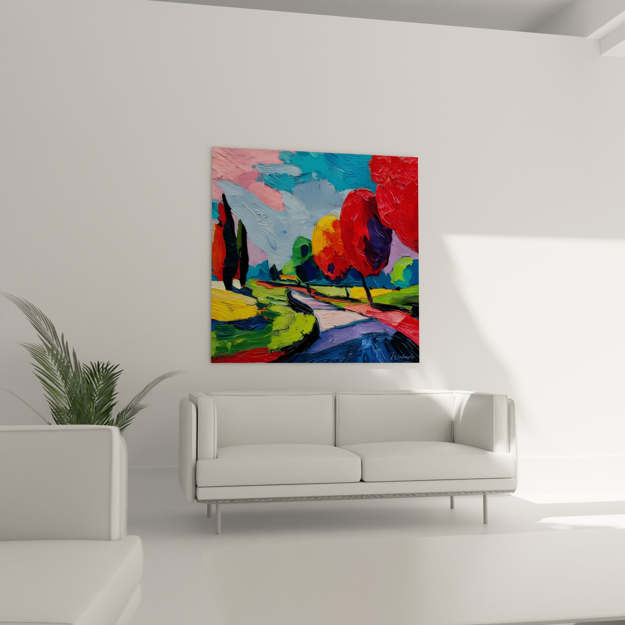 Détail tableau paysage rural, technique peinture impressionniste avec coups de pinceau expressifs