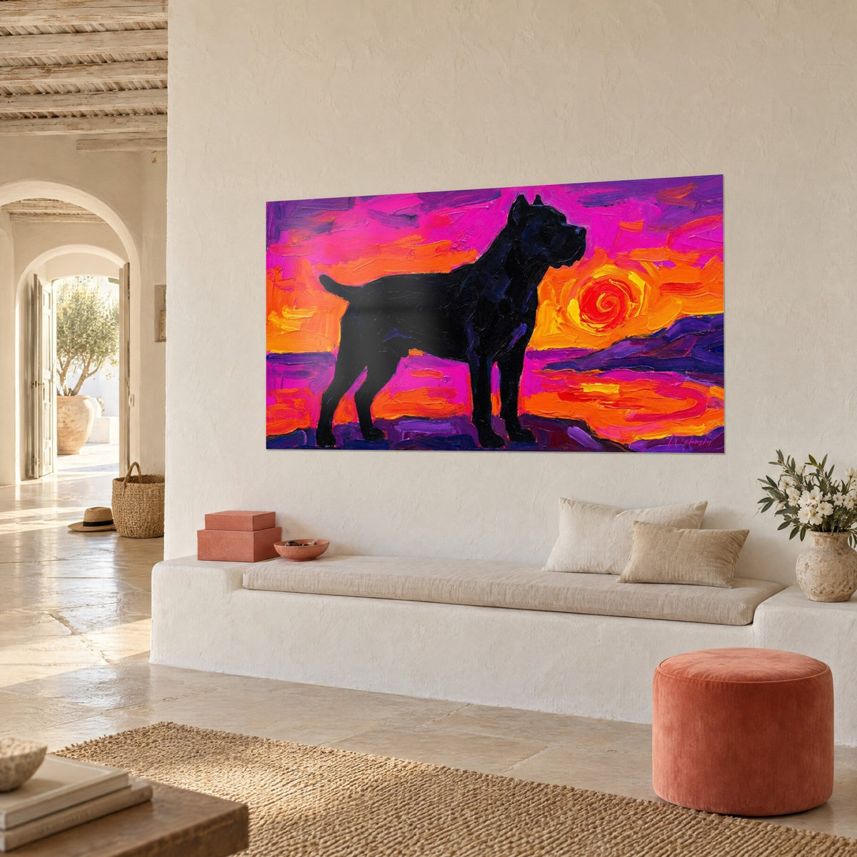 Wall art: Jet-black mastiff on purple rocks, fuchsia and saffron sky, three-quarter view in a bright living room with arched doorways