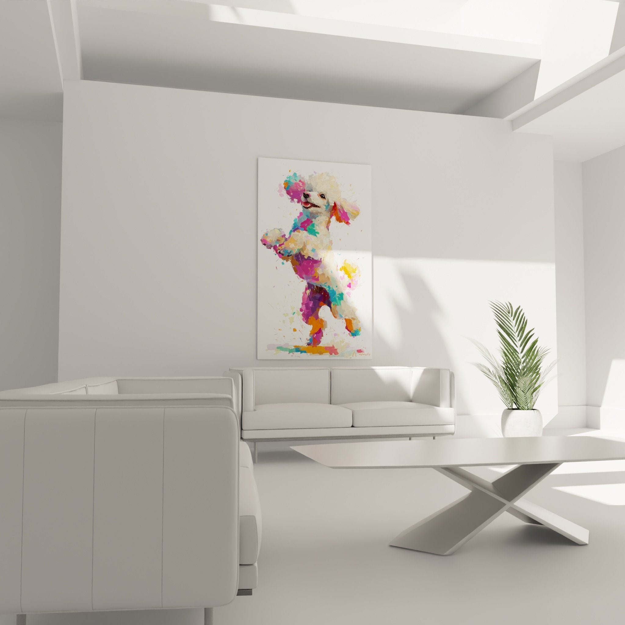 Detailansicht Pudel-Gemälde mit rosa-türkisen Farbspritzern, expressionistische Technik, moderne Tierkunst