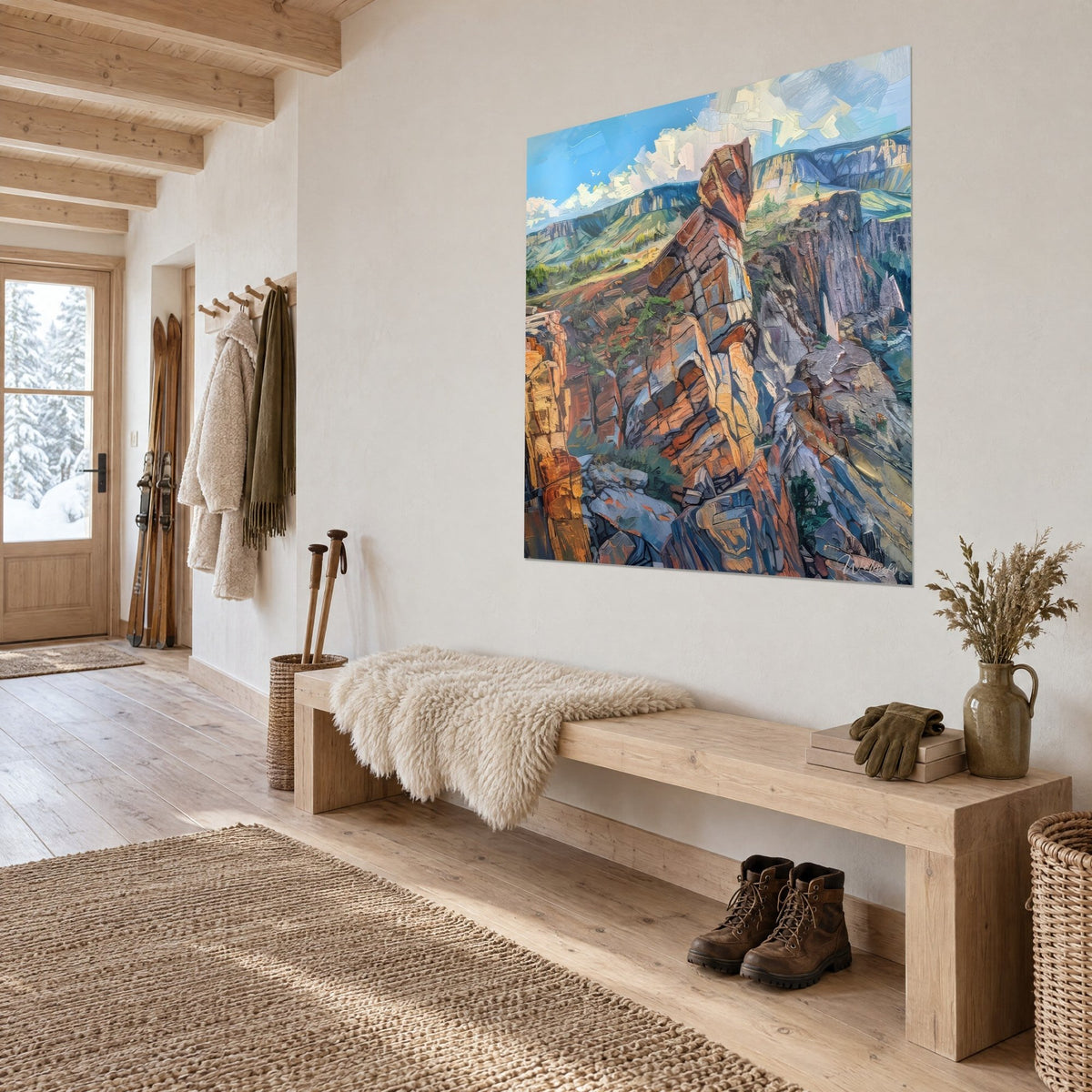 Tableau falaise de grès rouille et ocre dominant des collines vertes, ciel bleu, au mur d'une entrée de chalet près d'un banc