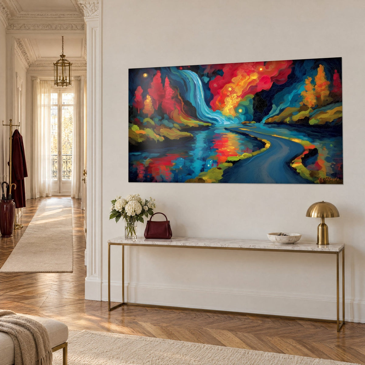 Quadro cascata turchese illuminata di rosso vermiglione e oro, fiume che riflette la strada, vista di tre quarti su una parete in stile haussmanniano