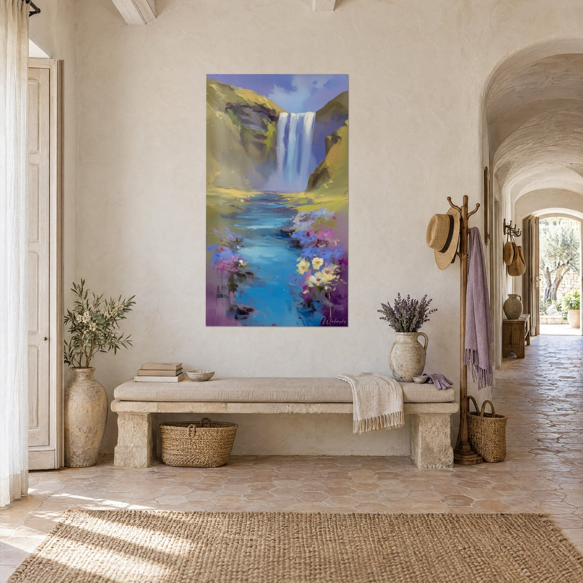Gemälde milchige Wasserfall, olivgrüne Felswände, azurblauer Bach gesäumt von violetten Iris, dreiviertel Ansicht in einem gewölbten Flur