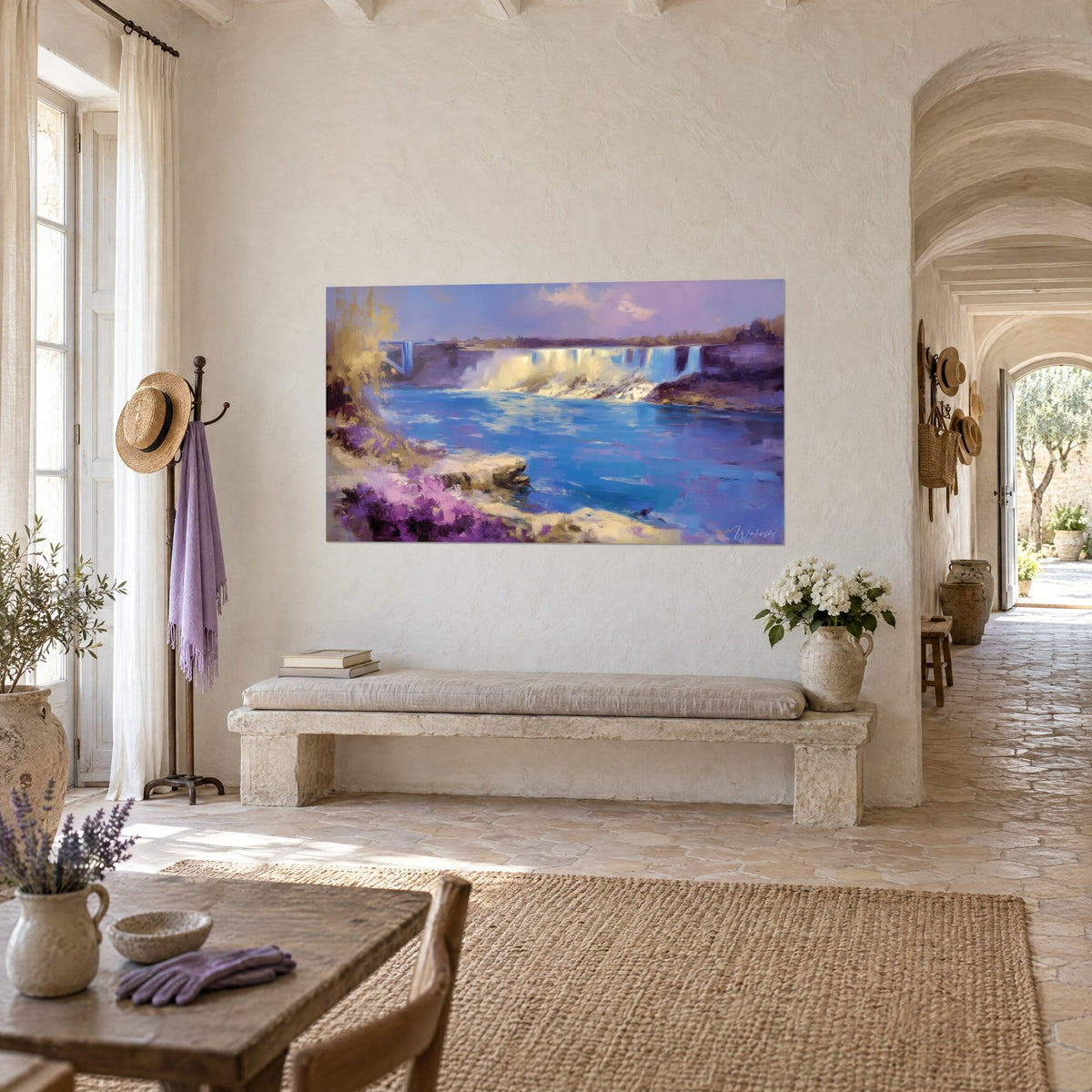 Wall art waterfalls in oil painting, azure blue and golden ochre under a lilac sky, hung in a vaulted stone corridor