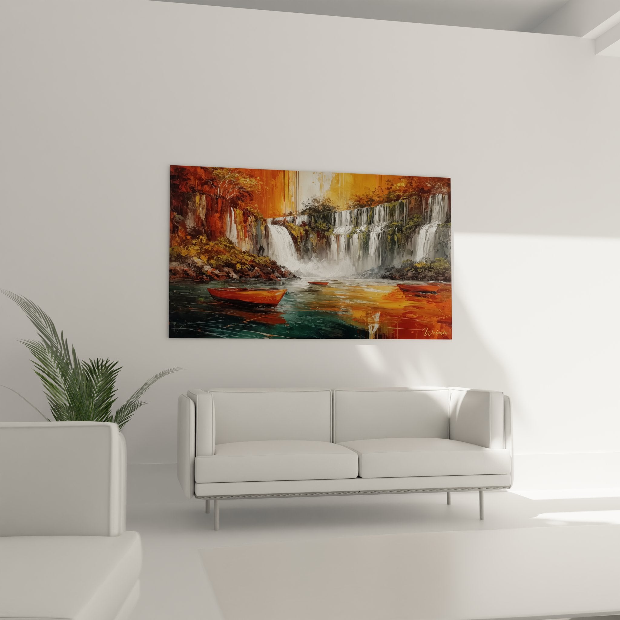 Détail peinture cascade avec reflets dorés et barques colorées sur eau cristalline art mural