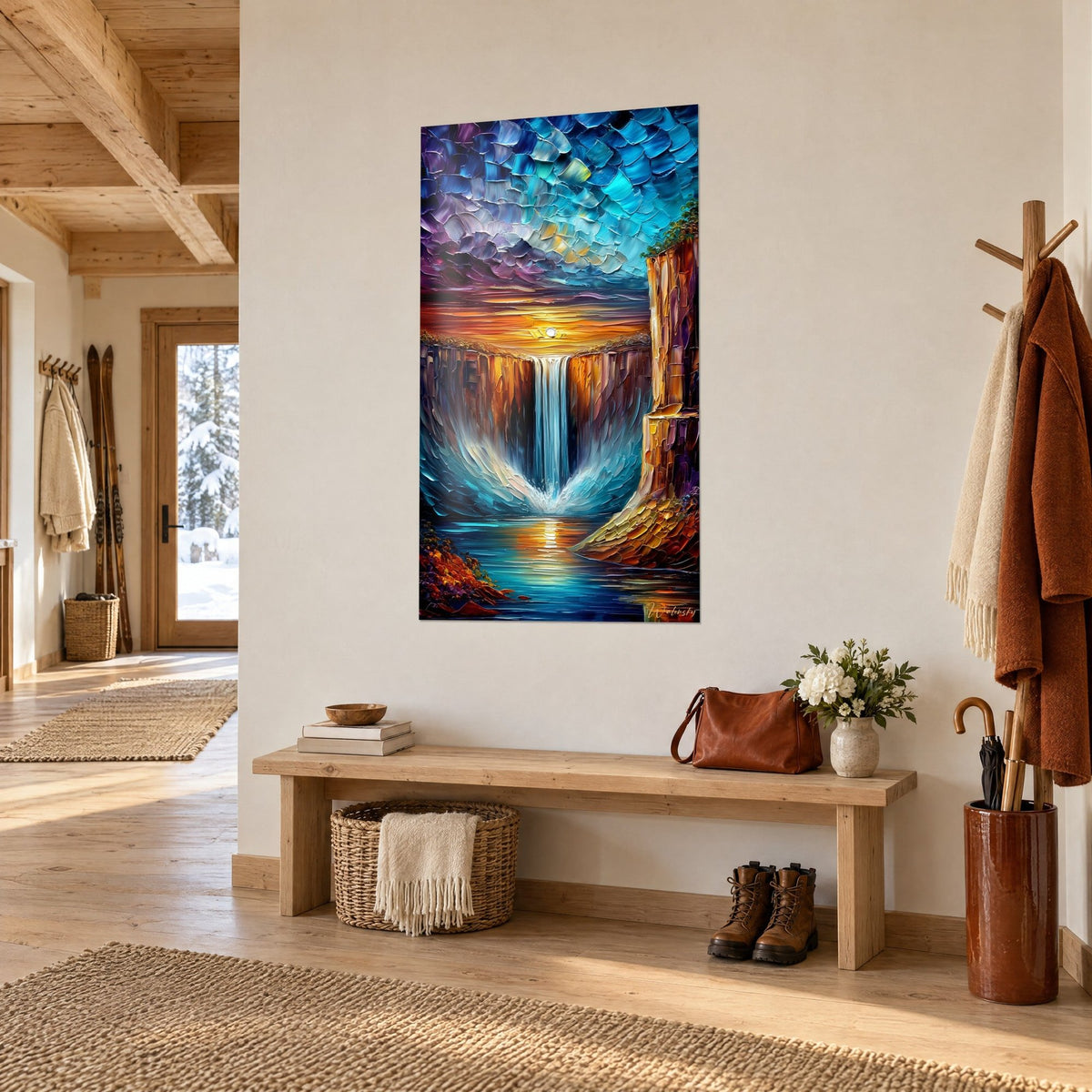 Gemälde fantasievoller Wasserfall in Spachteltechnik, goldene Felsen und schuppiger türkisfarbener Himmel, Ansicht von dreiviertel in einem Chalet