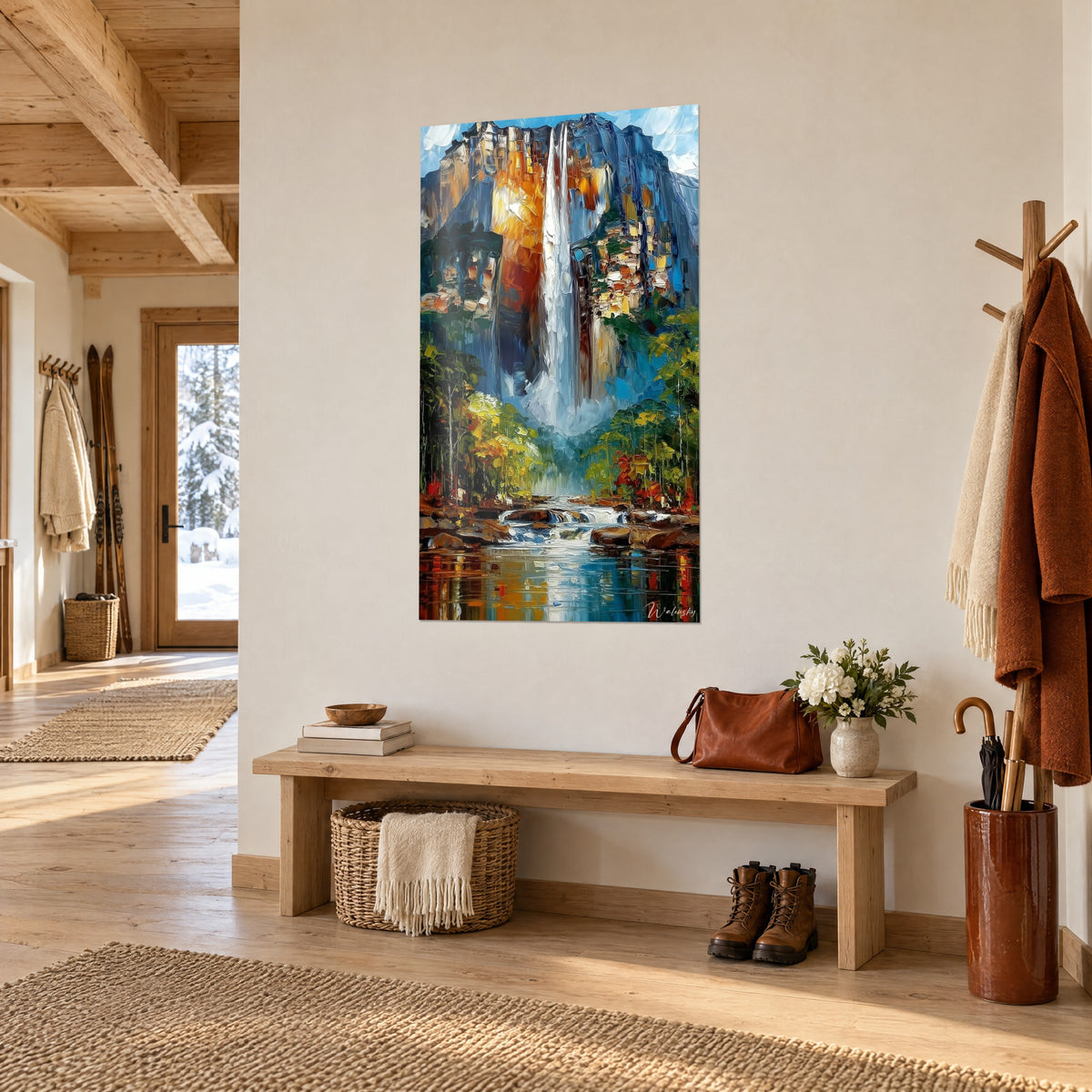 Πίνακας Angel Falls με τεχνική σπάτουλας, λευκός καταρράκτης και πράσινο φύλλωμα, τρία τέταρτα σε είσοδο ξενώνα