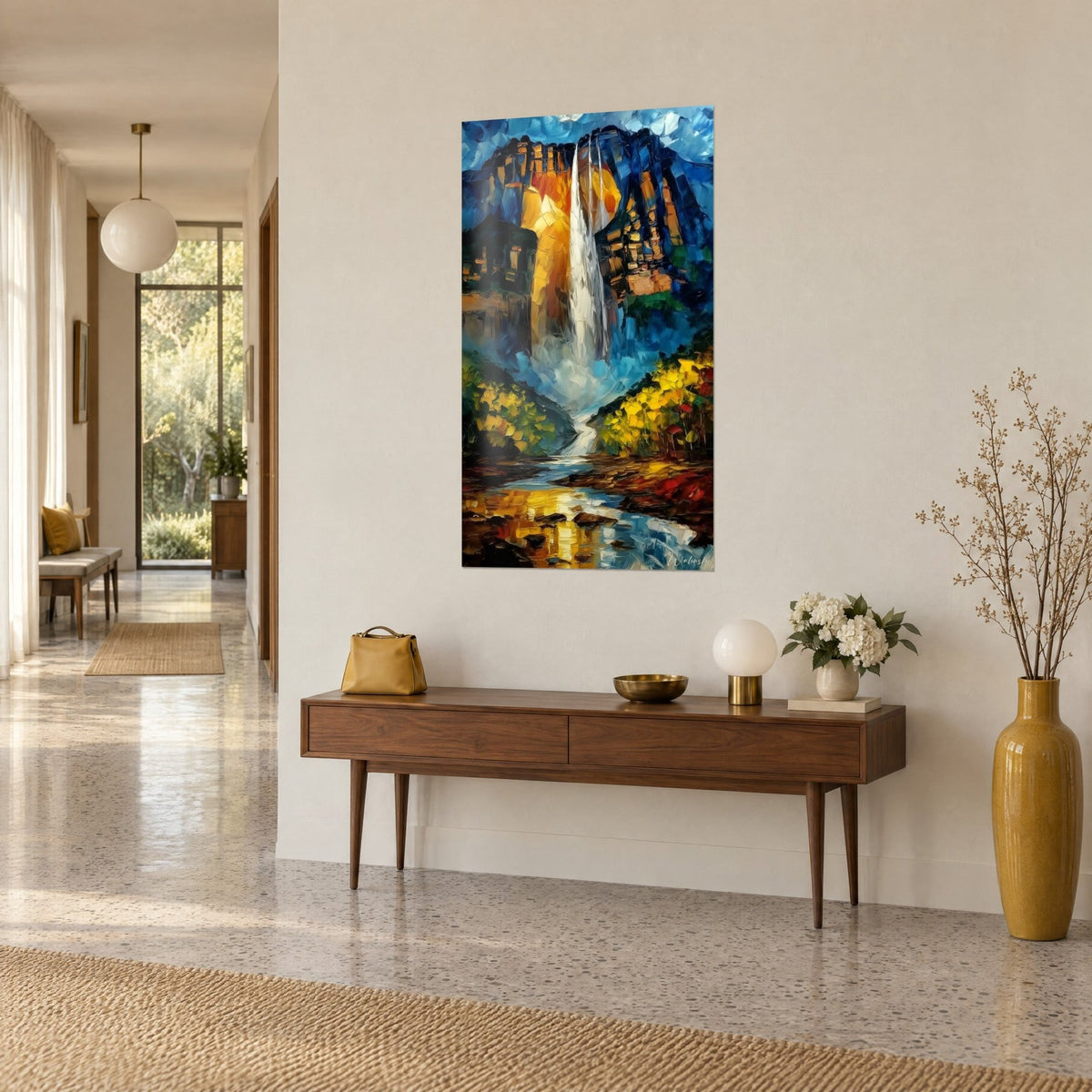 Gemälde weißer Wasserfall zwischen orangefarbenen und indigoblauen Felswänden, goldene Reflexe auf dem Bach, Eingangsbereich eines Hauses aus den 50er-Jahren