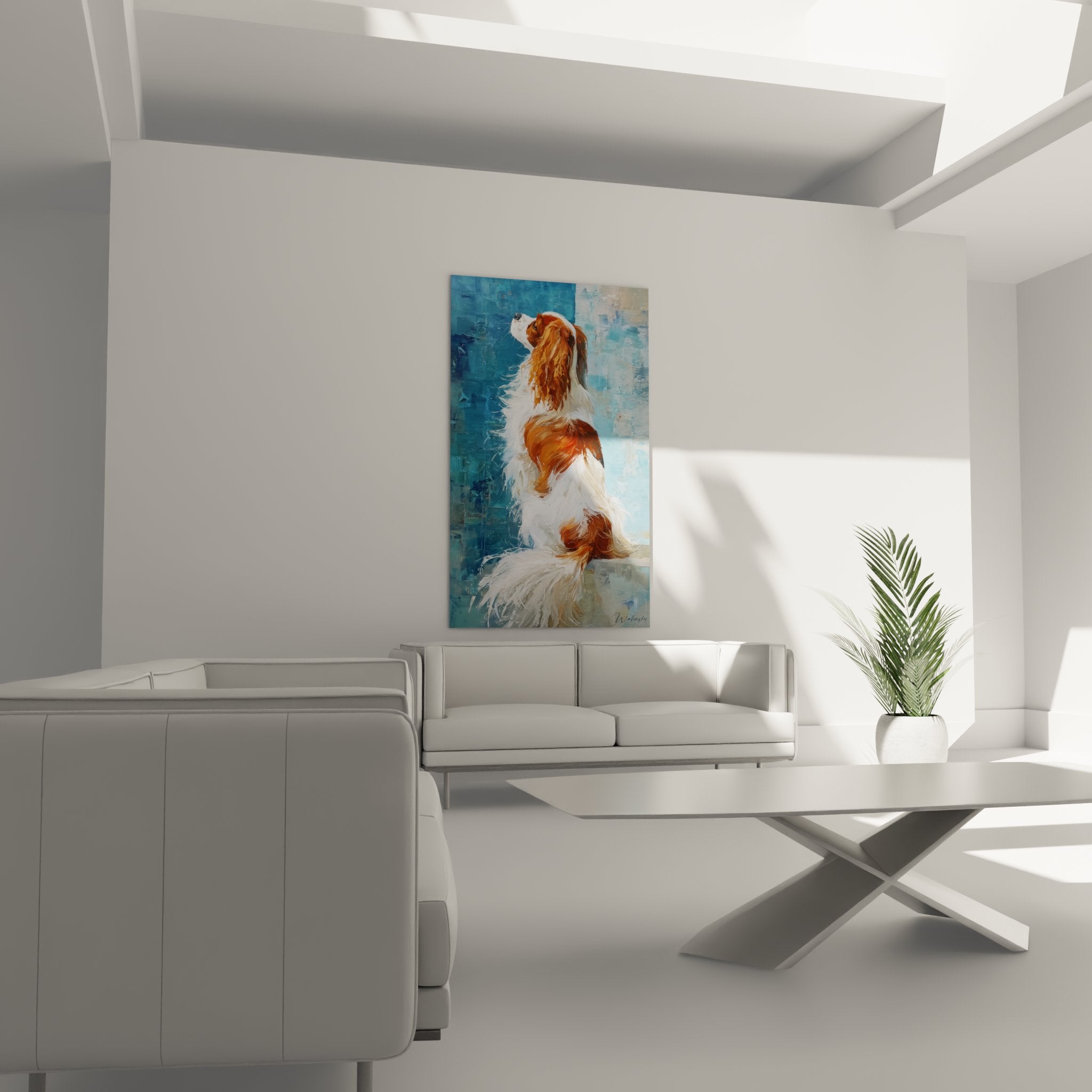 Détail peinture Cavalier King Charles, texture pelage roux et blanc, technique picturale expressionniste