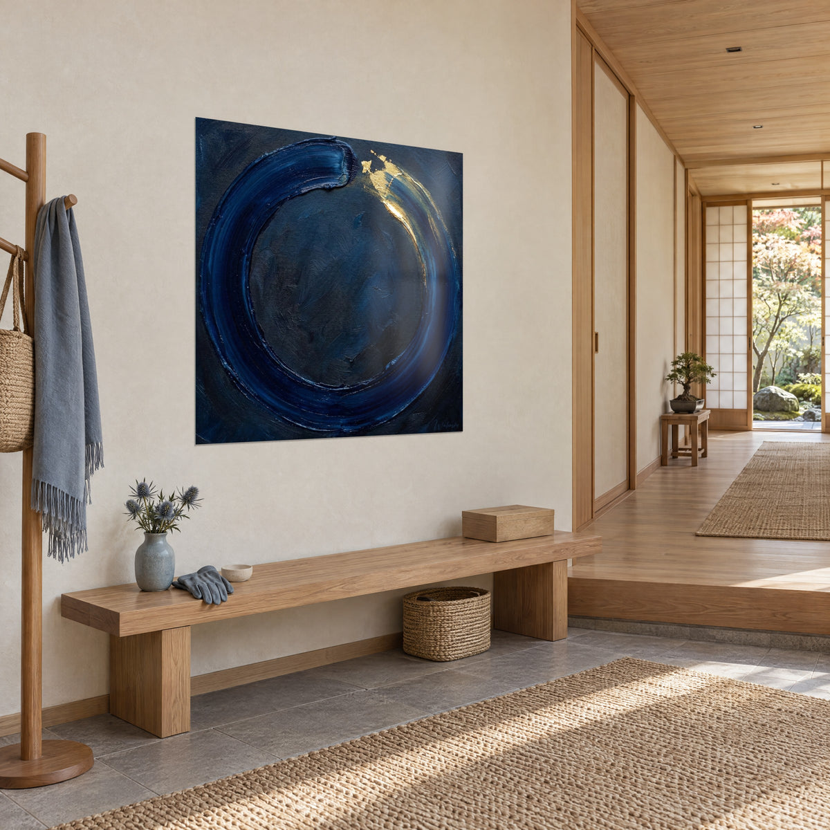 Quadro anello pittorico indaco dai impasti spessi e bagliore dorato, vista di tre quarti su parete color crema, panca in legno chiaro