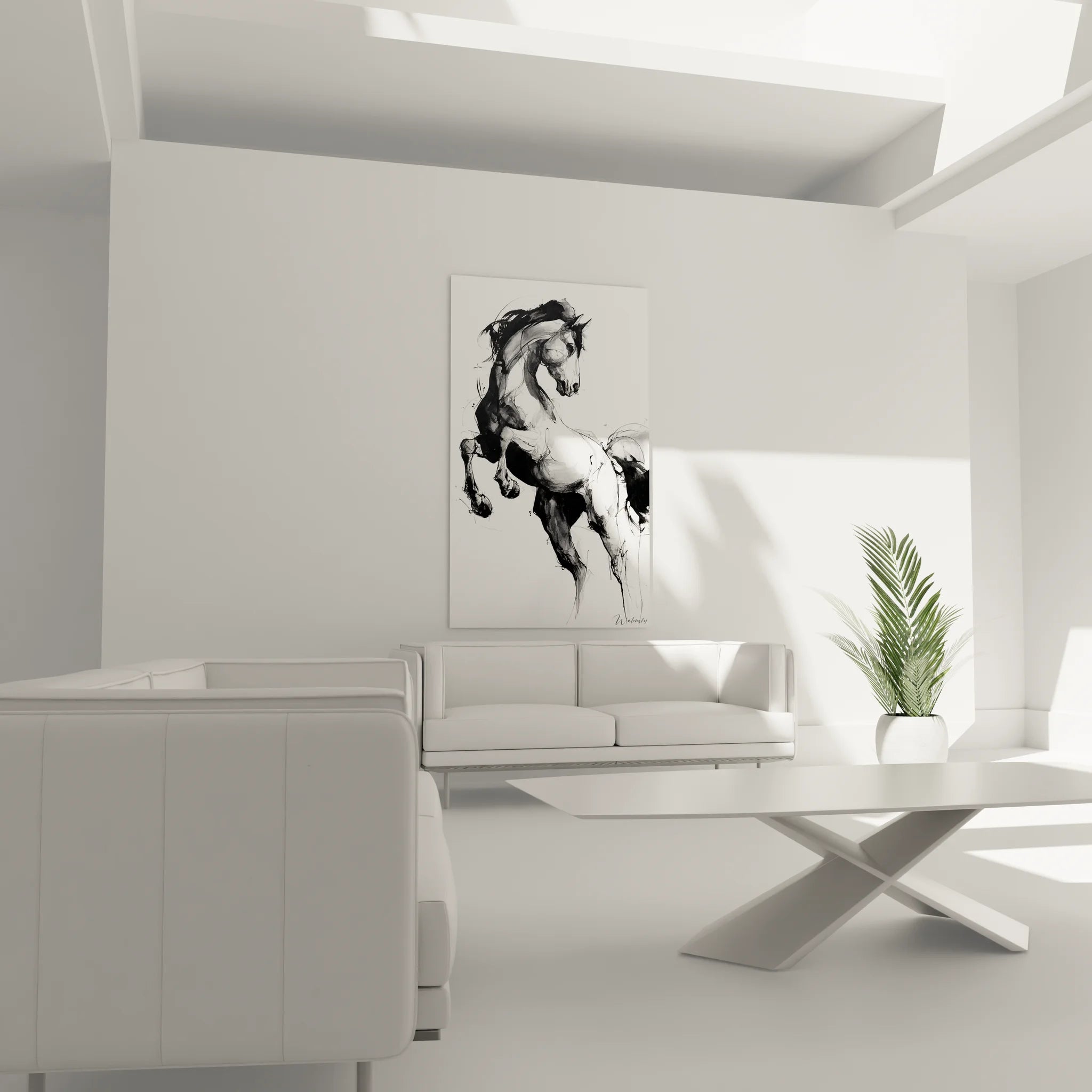 Détail peinture cheval noir et blanc, technique encre et lavis, art équestre contemporain expressif