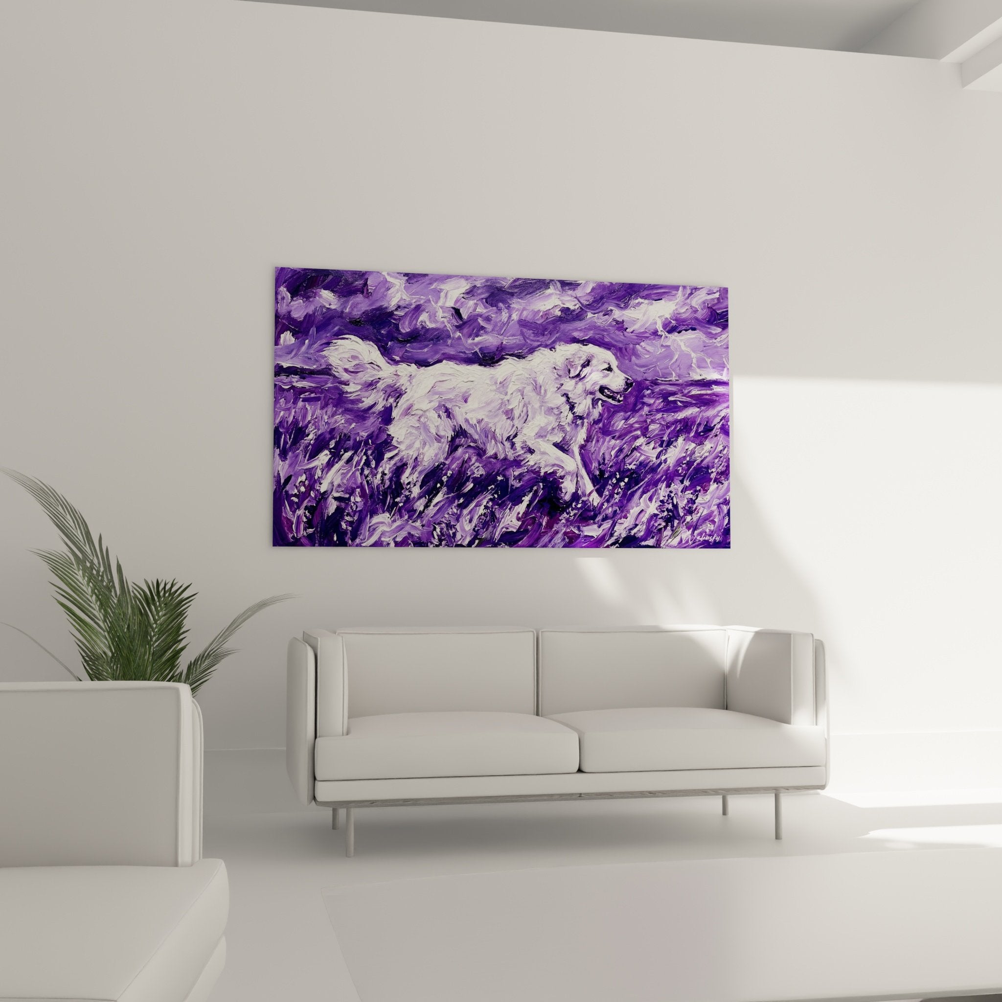 Hundemalerei Detail weißes Fell Textur Impasto Violett künstlerischer Kontrast
