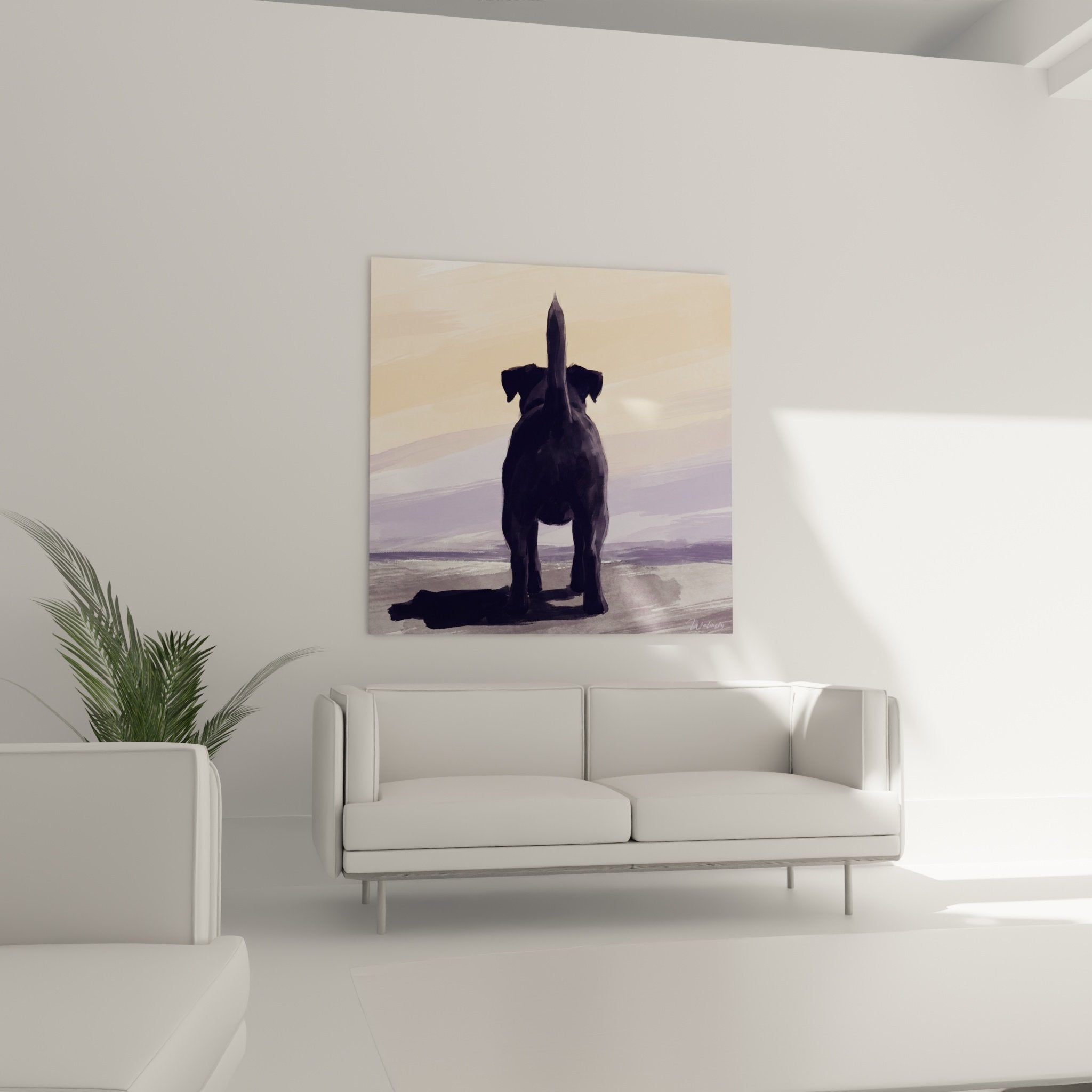 Detail black dog painting artwork dark silhouette sunset purple gold tones Jack Russell