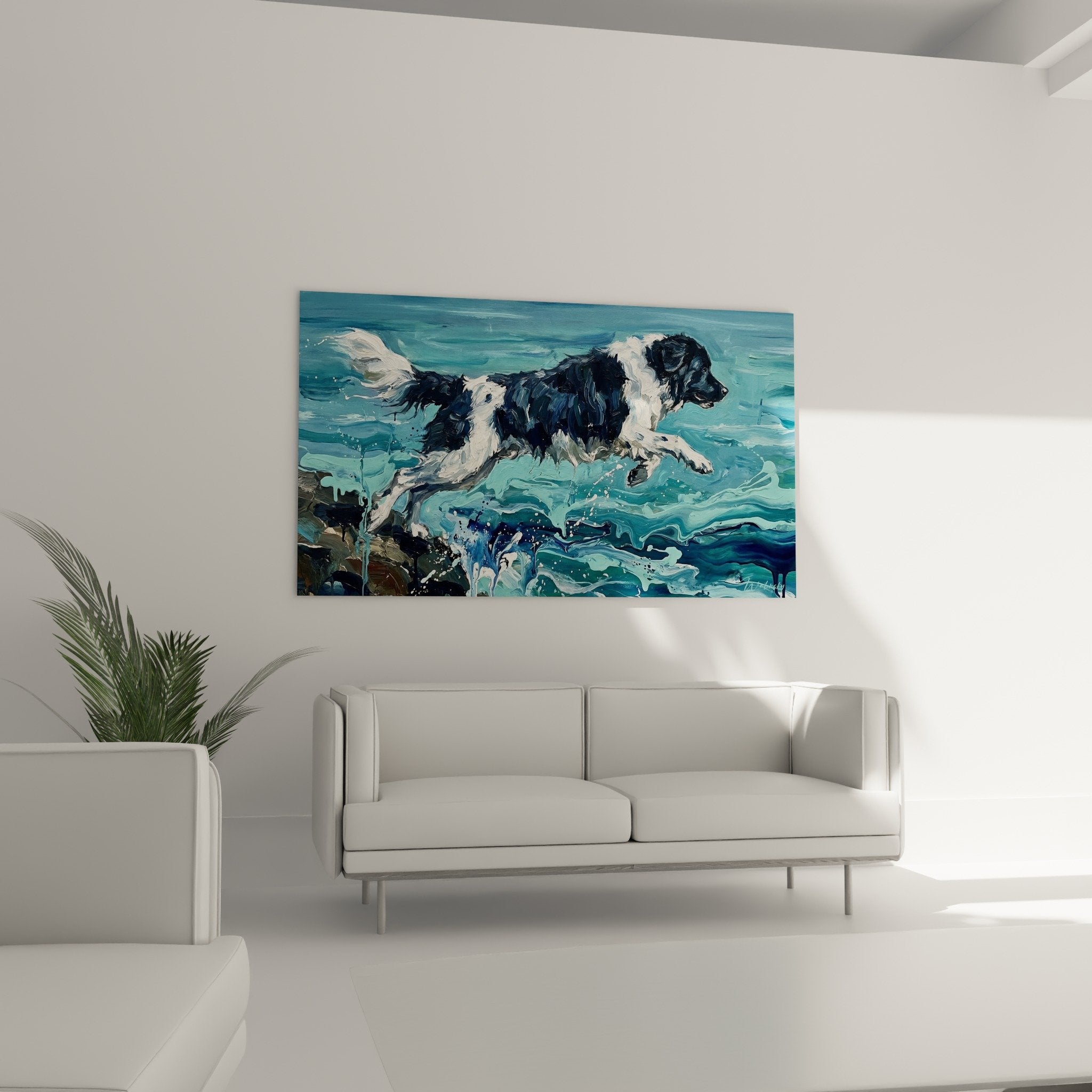 Impressionist painting detail Landseer dog leaping crystal water splashes