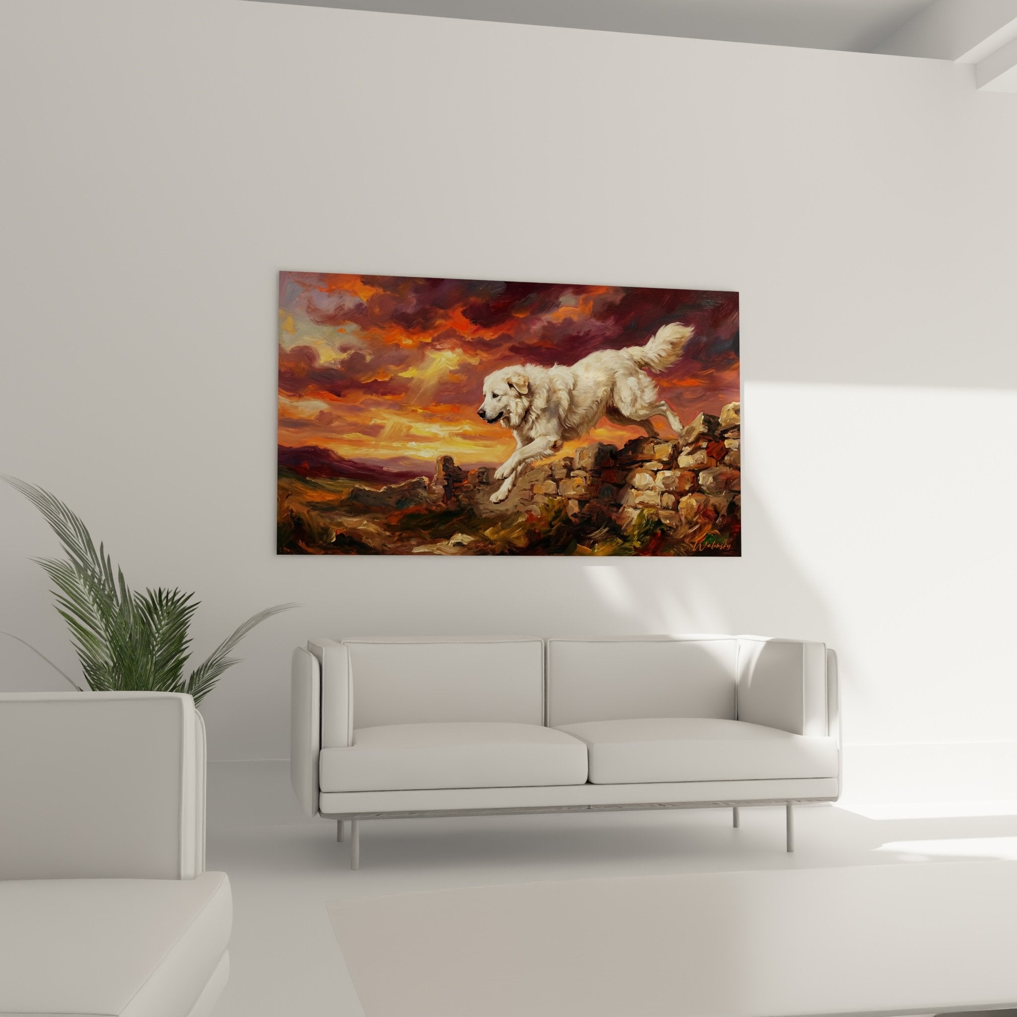 Détail peinture chien pyrénéen aux poils dorés texturés avec rochers sculptés et lumière rasante du coucher de soleil