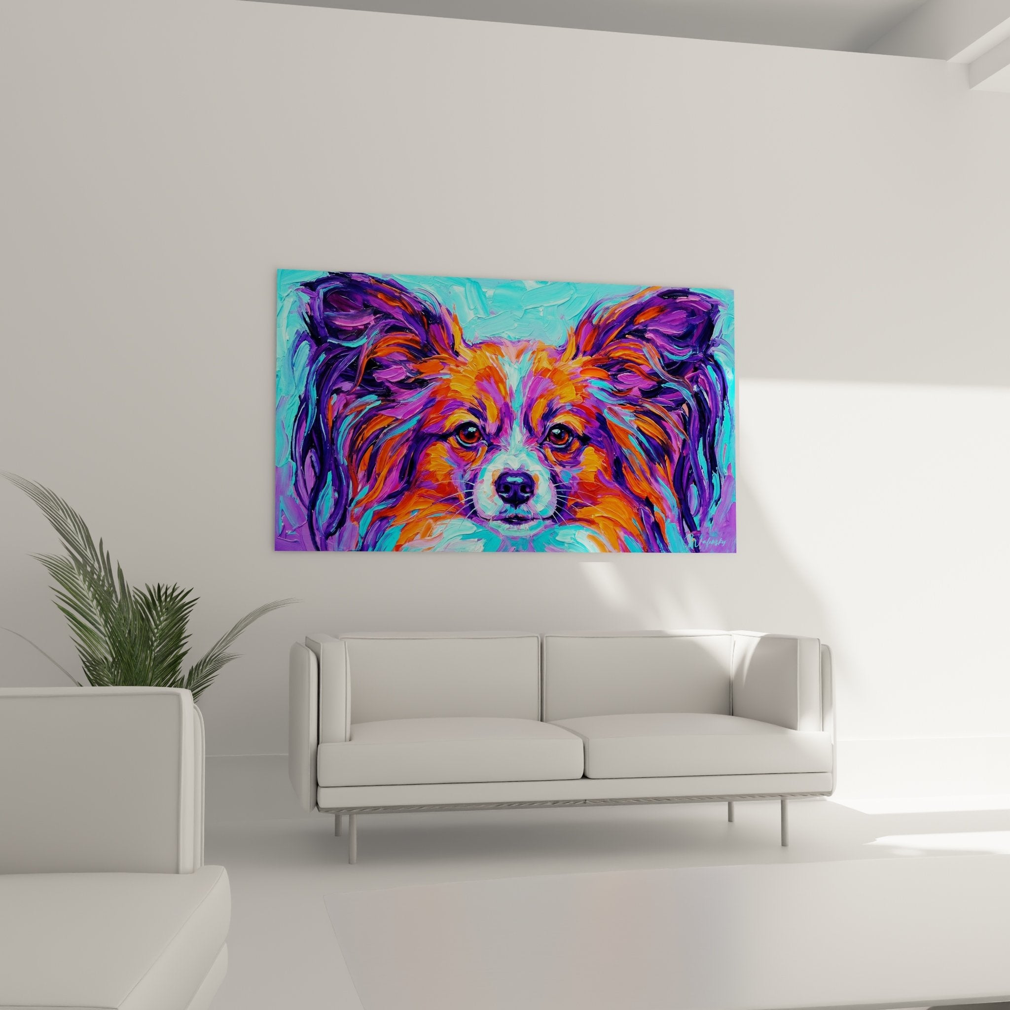 Détail peinture chien papillon oreilles violettes orange coups pinceau expressifs