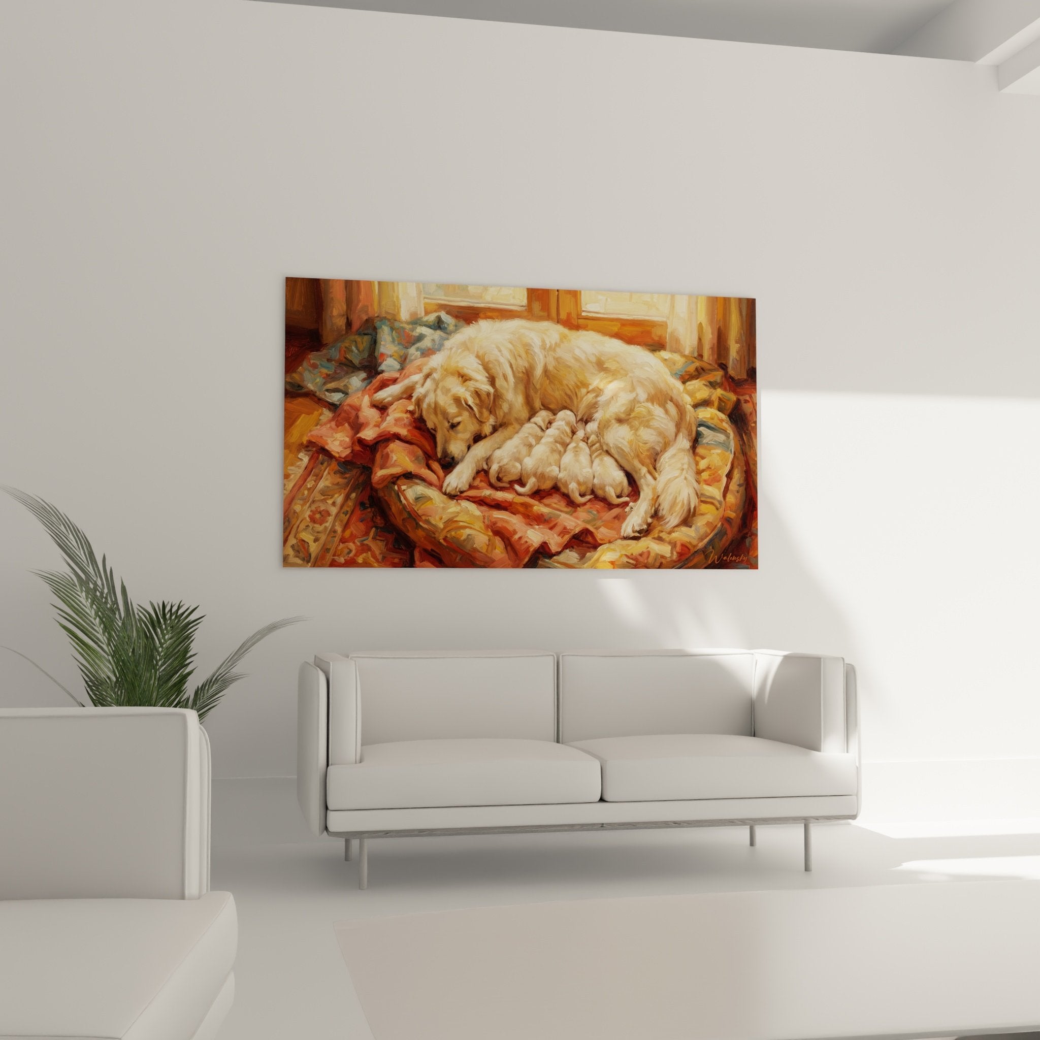Détail peinture chienne dorée et chiots texture pelage réaliste tons chauds cuivrés orangés