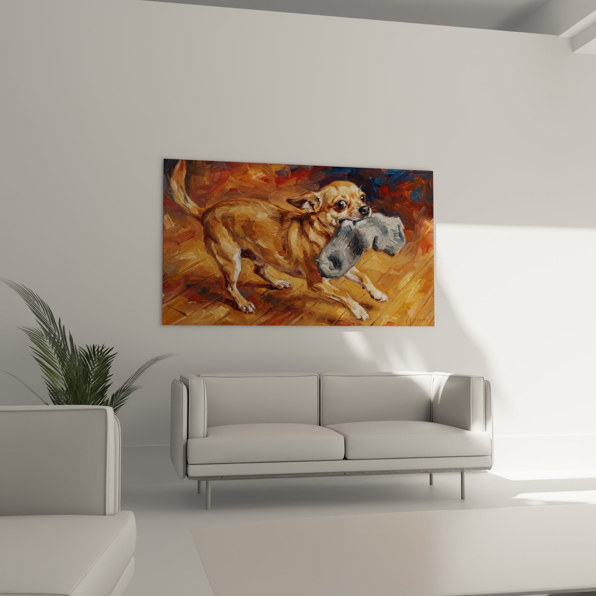 Detail peinture chihuahua fauve yeux expressifs jouet gris technique picturale coups pinceau visibles