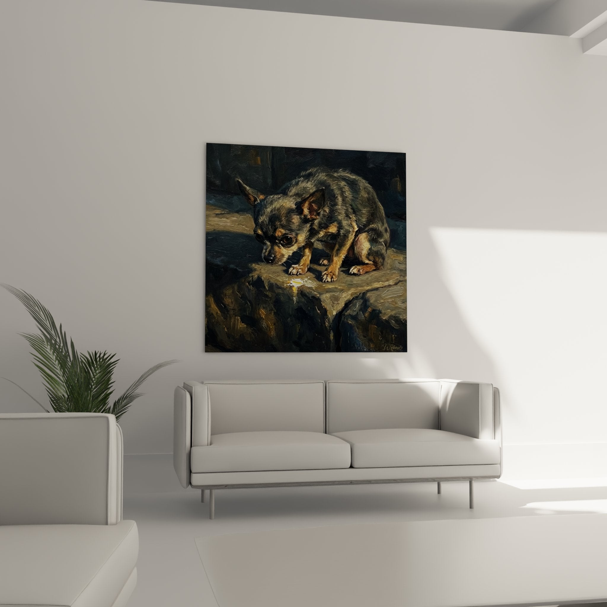 Détail peinture chihuahua regard baissé vulnérable technique empâtement tons terre de sienne