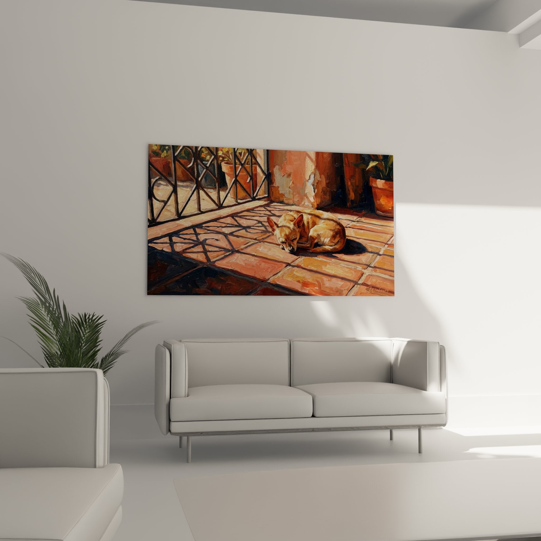 Detail peinture chihuahua roux pelage dore texture carrelage terracotta ombres lumiere