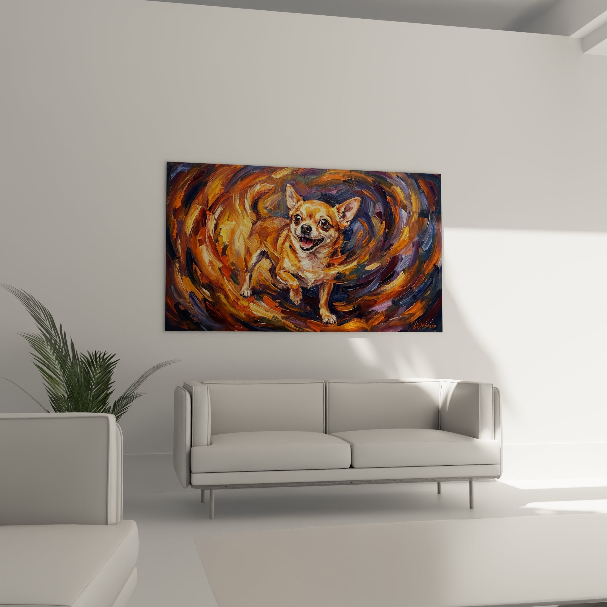 Détail peinture chihuahua montrant texture empâtements et coups de pinceau expressionnistes oranges