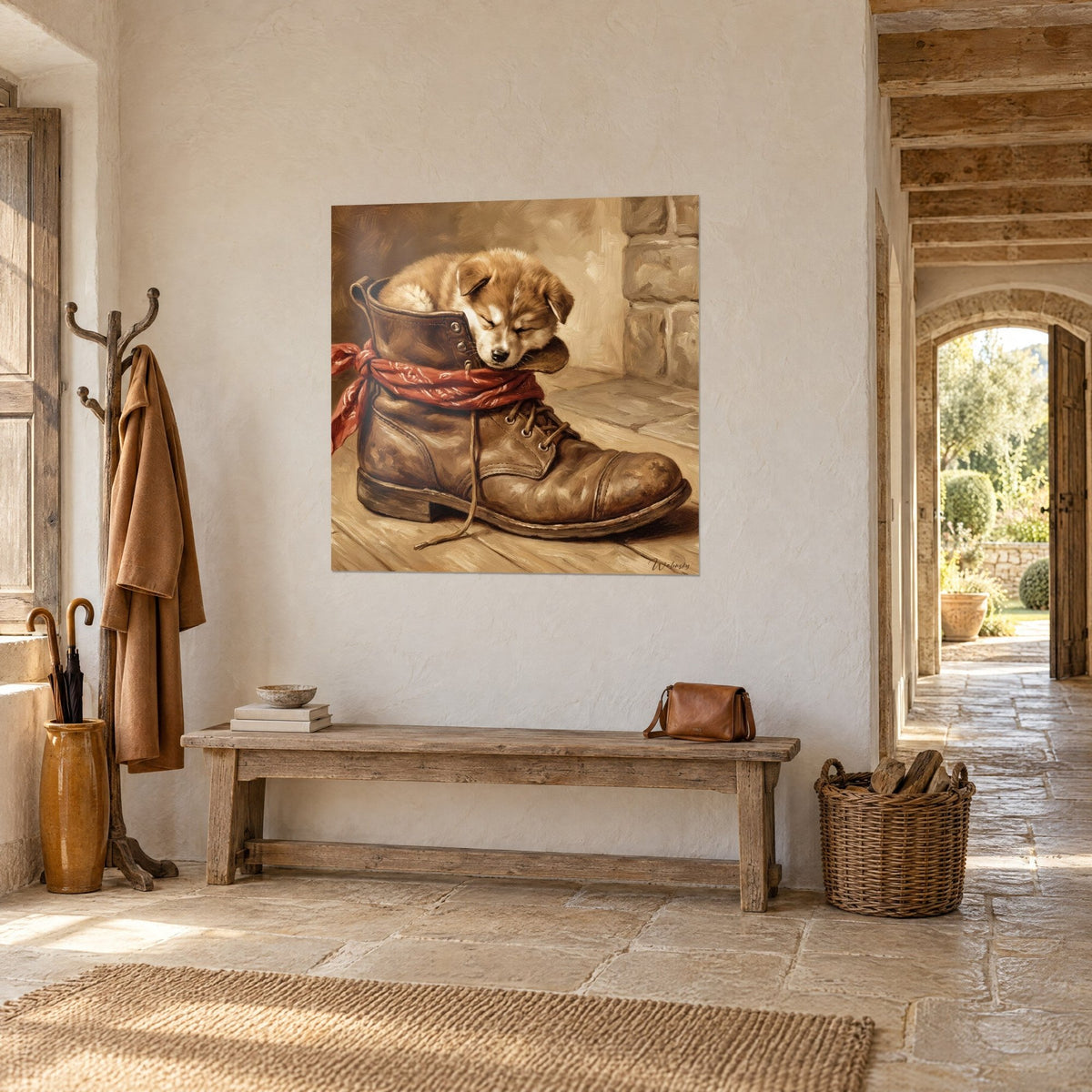Cuadro de una bota desgastada con los cordones sueltos que acoge a un cachorro rojizo y crema, paredes de piedra beige, banco de madera, casa de campo