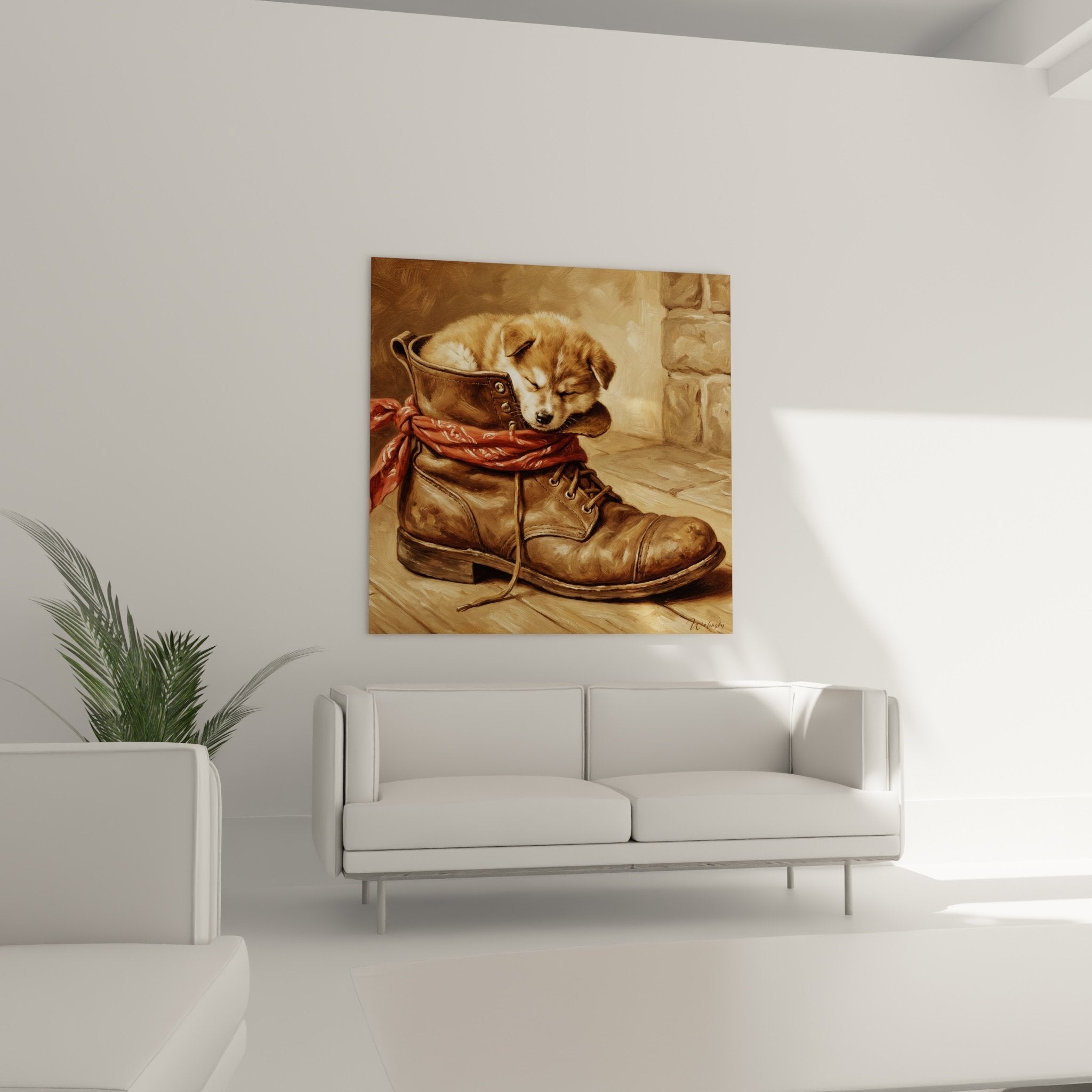 Detail peinture realiste chiot Akita Inu tons dores blotti chaussure cuir lacets rouges