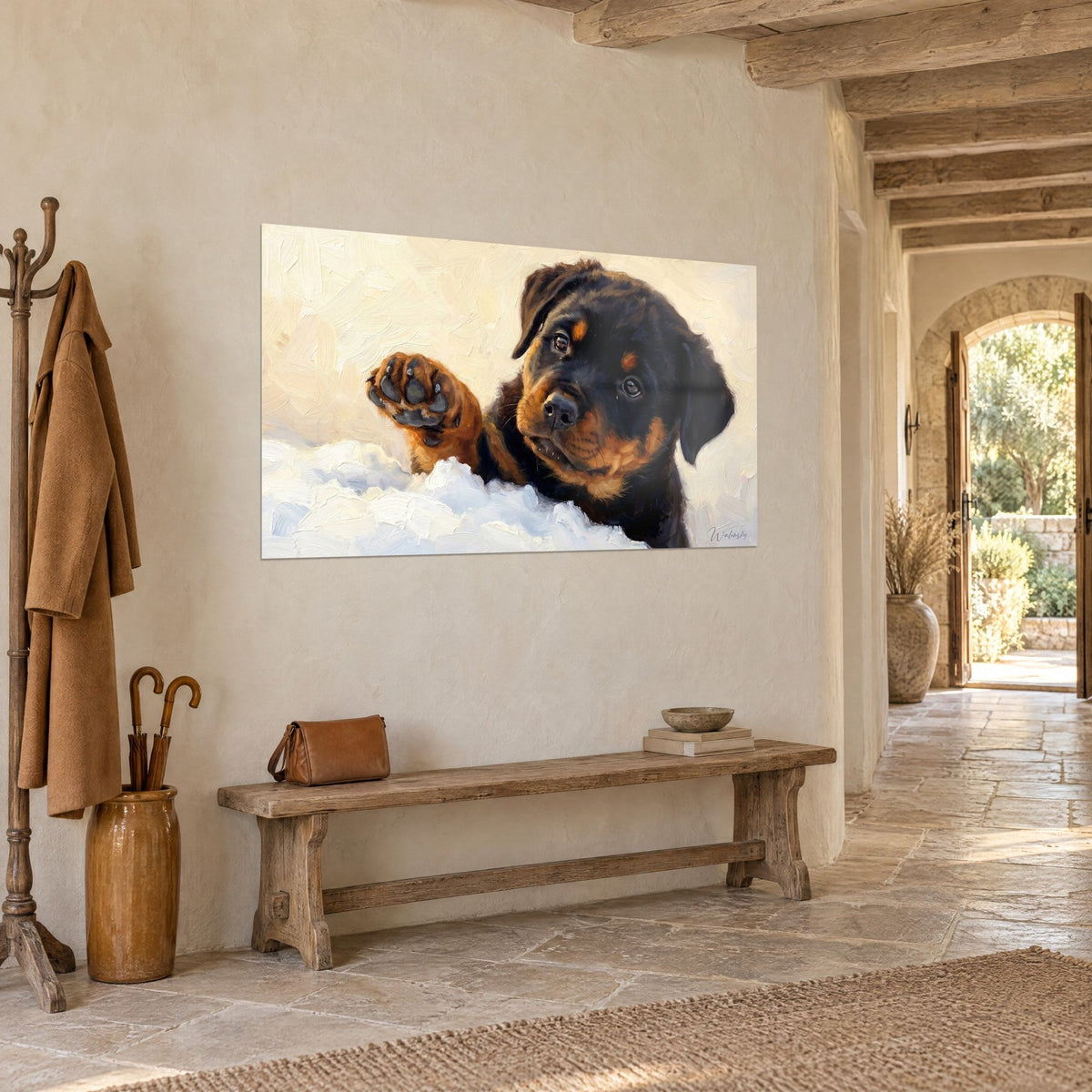 Obraz młody rottweiler o sierści w kolorze hebanu i miedzi, łagodne spojrzenie, biały śnieg, kamienny kominek i drewniana ławka, ujęcie z trzech czwartych