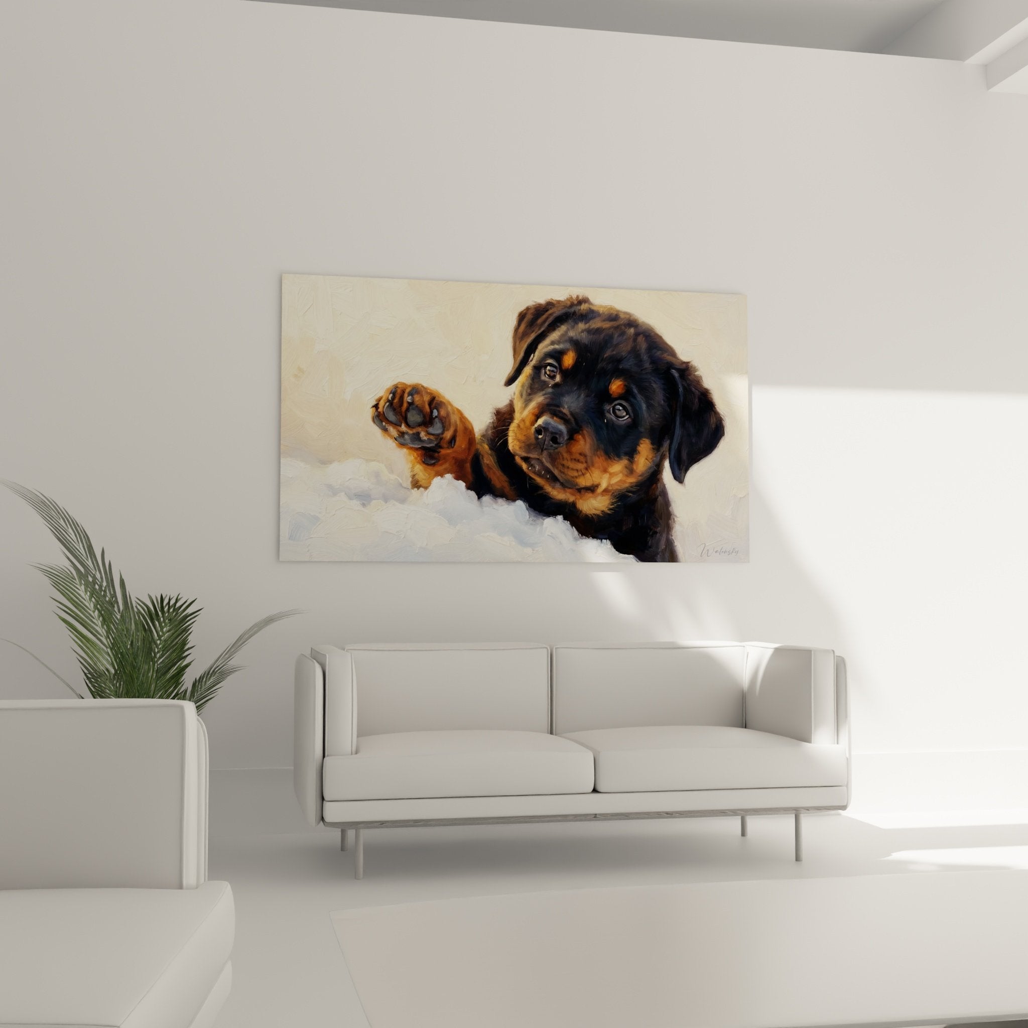 Détail peinture chiot Rottweiler yeux sombres expressifs marques fauves museau technique pinceau