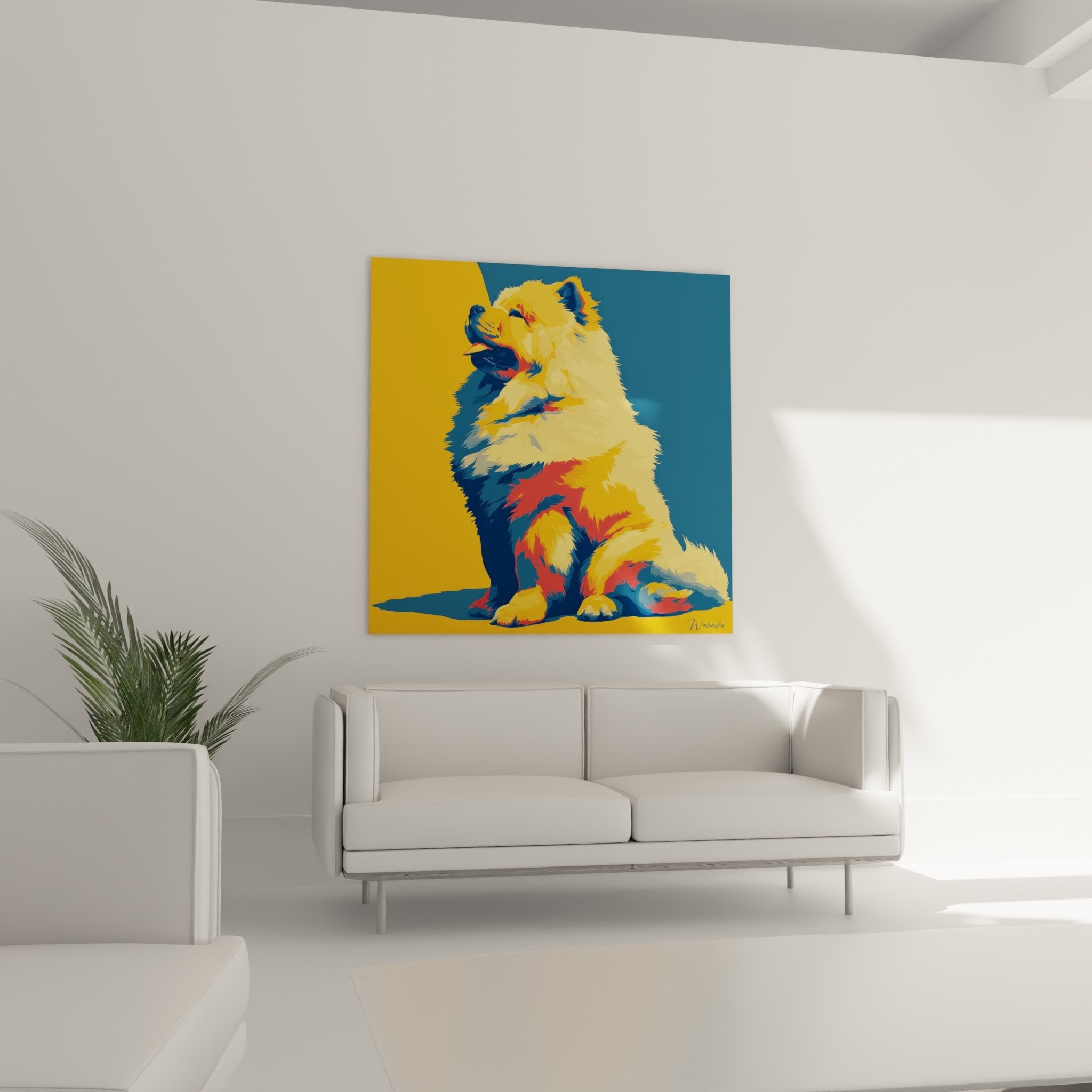 Detail peinture Chow Chow technique pop art couleurs contrastees jaune et bleu