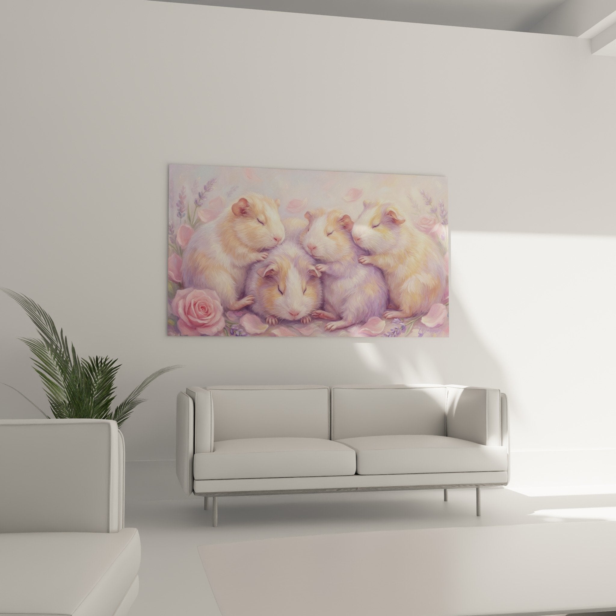 Detail Gemälde Meerschweinchen goldenes Fell rosa Lavendel Töne raffinierte künstlerische Textur