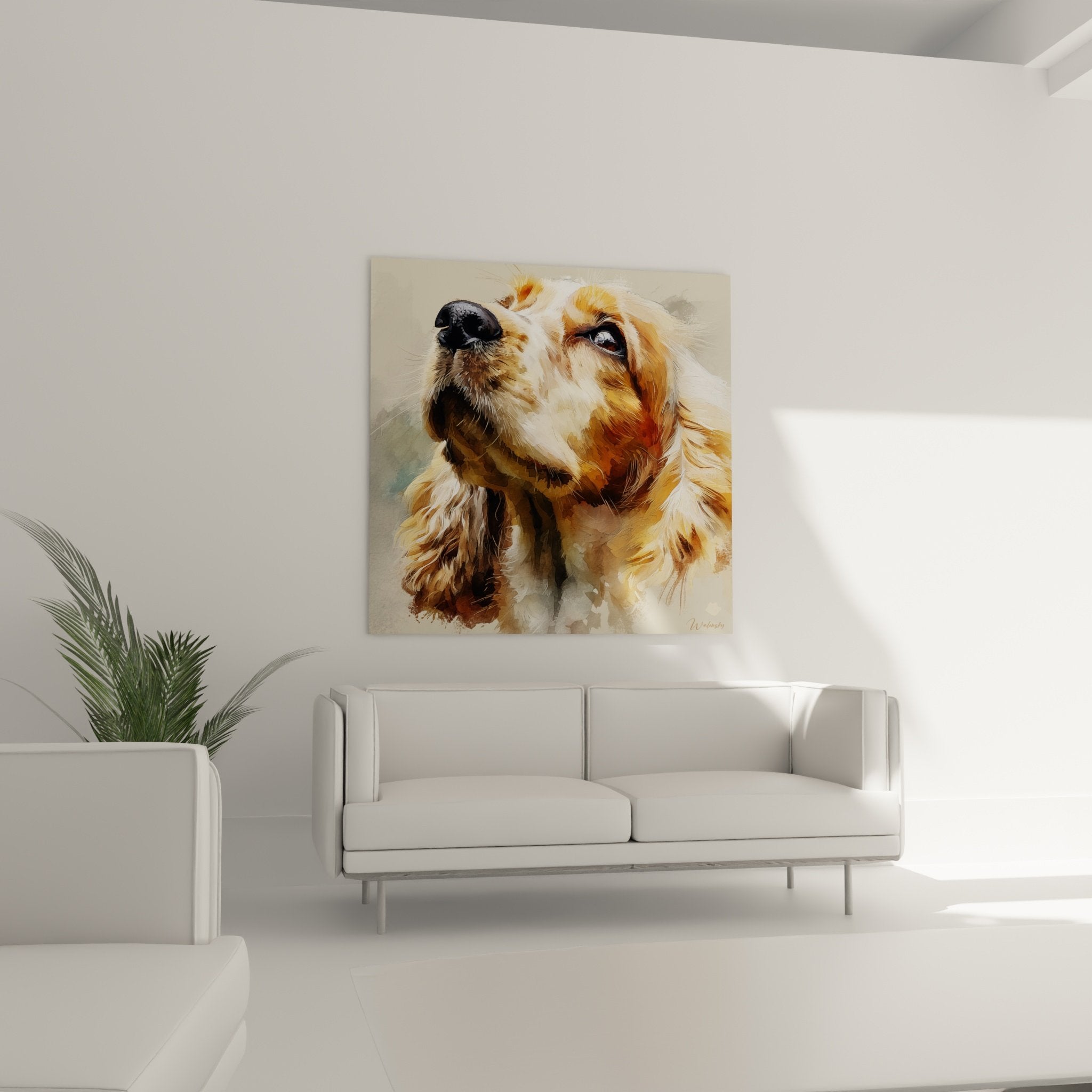 Detailporträt American Cocker Spaniel, expressiver Pinselstrich-Gemälde, rötliches Fell mit Textur