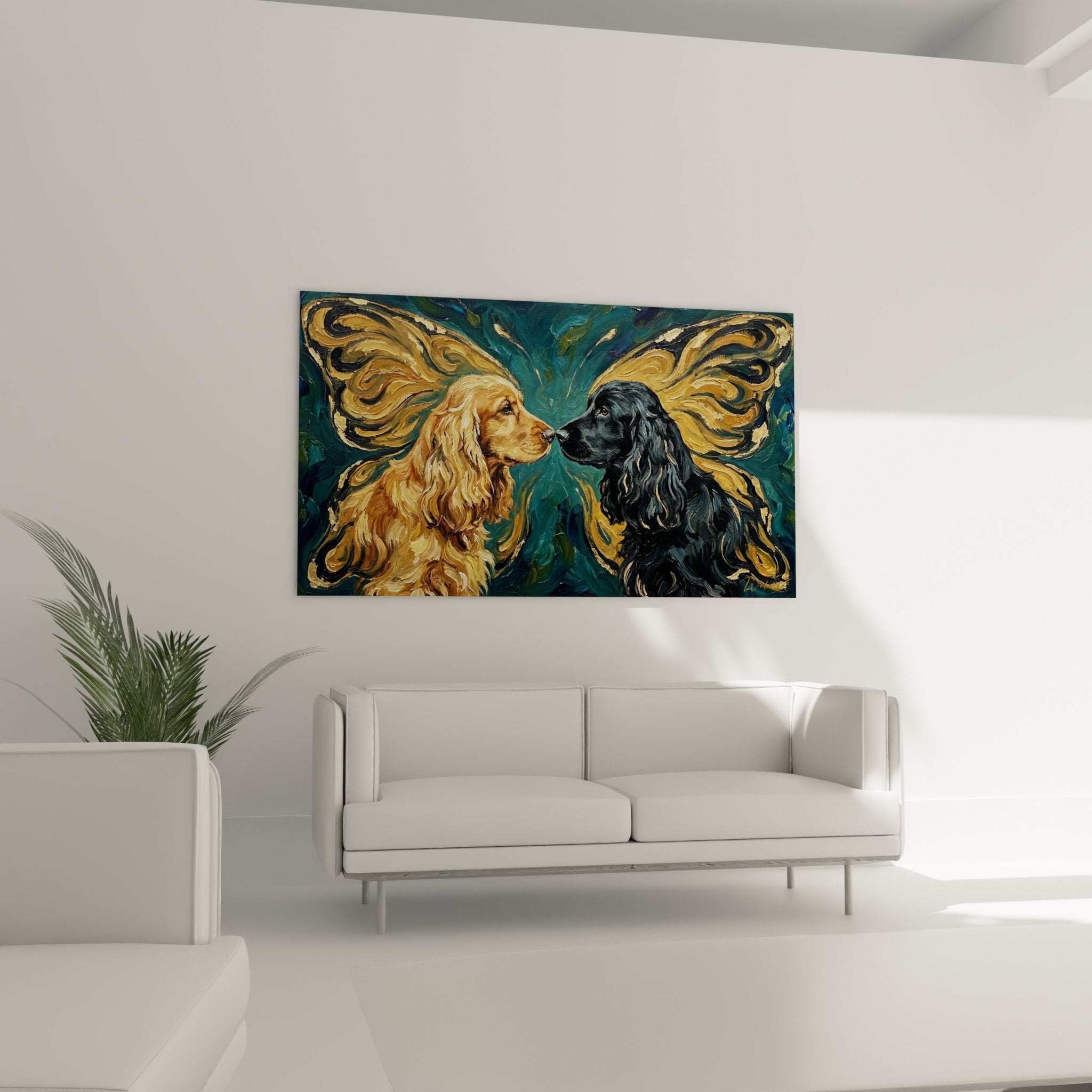 detail peinture cocker anglais pelage dore noir technique pinceau expressif tourbillons