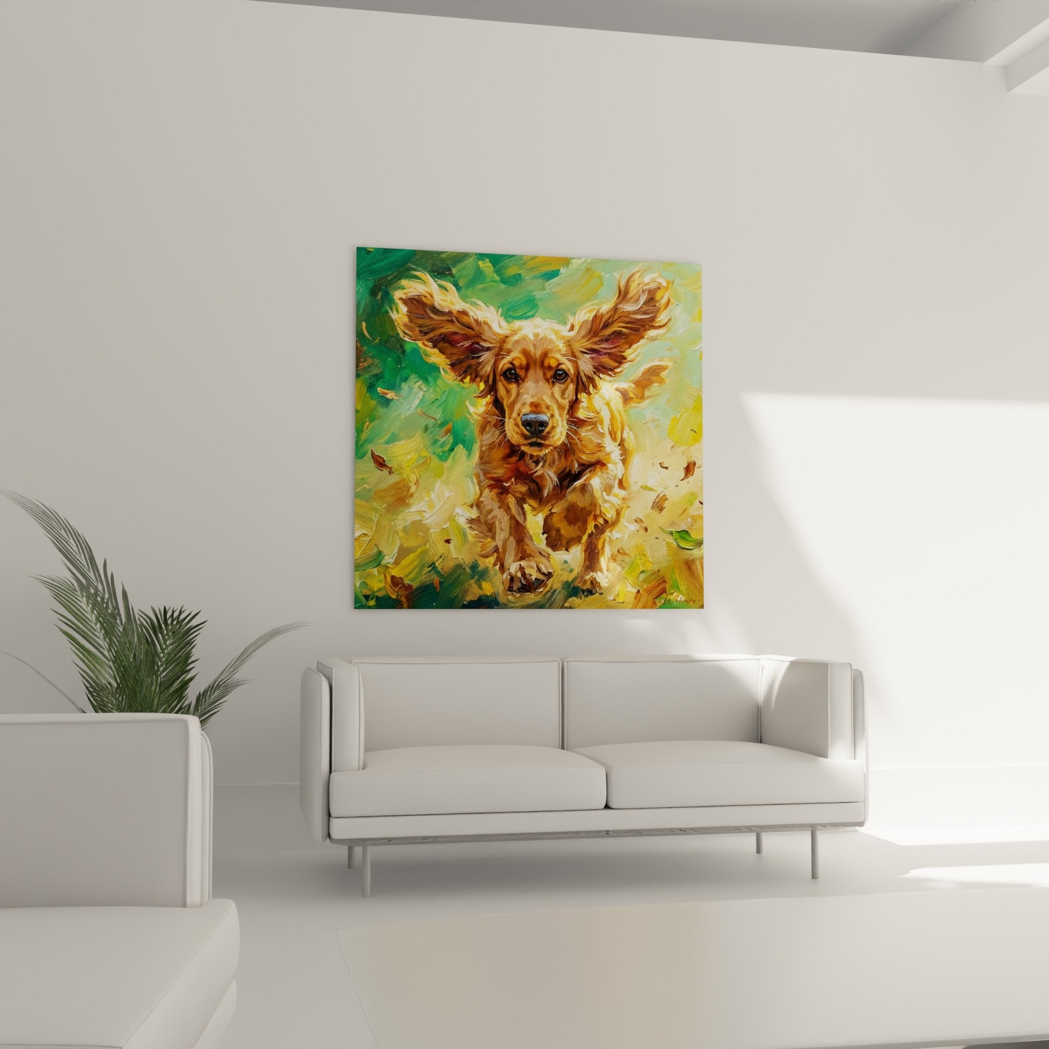 Detail peinture Cocker Anglais pelage cuivre dore technique pinceau expressif art animalier moderne