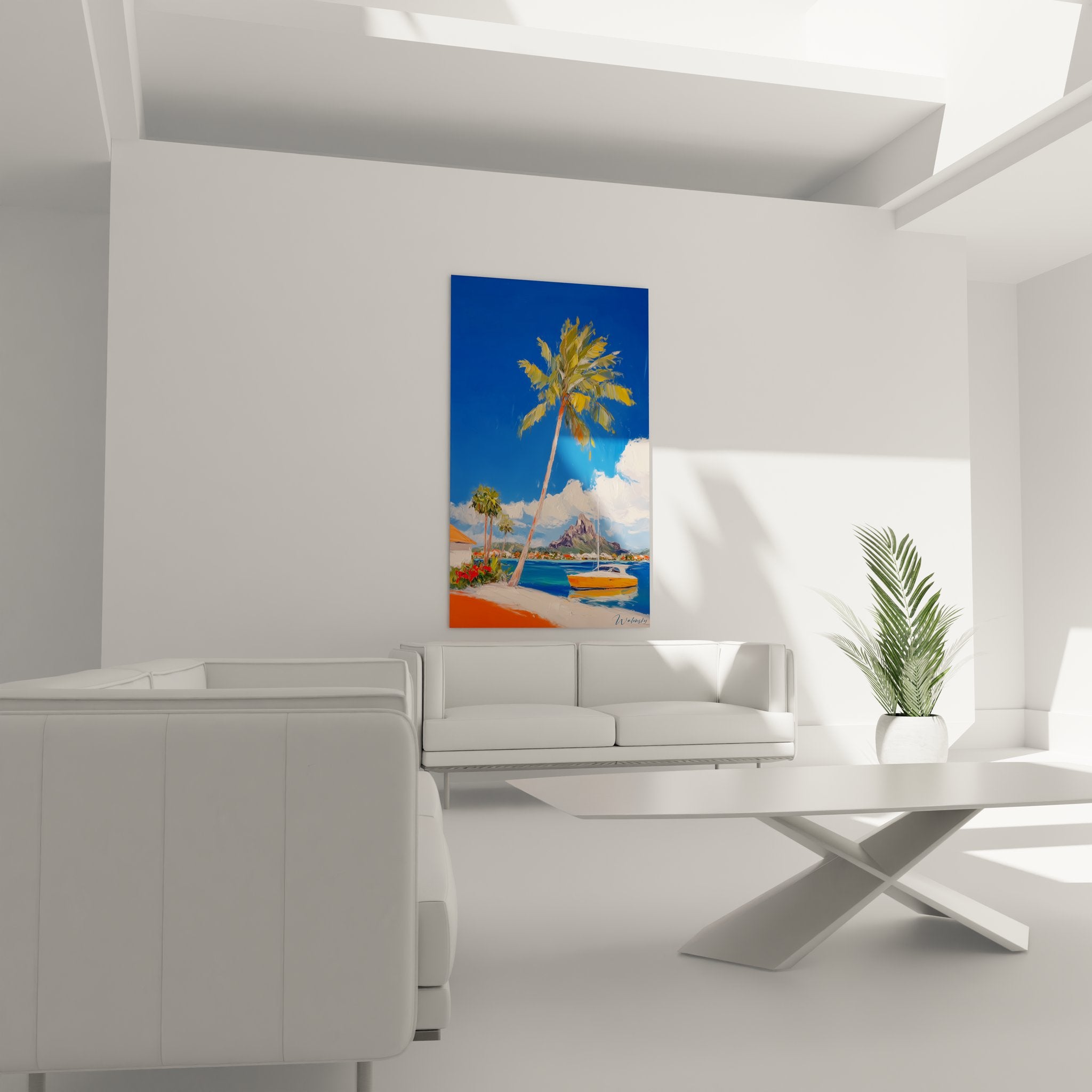 Détail tableau tropical cocotier palmes dorées, peinture artistique paysage île paradis