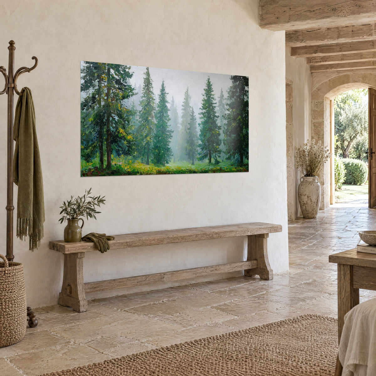 Tableau conifères élancés en peinture épaisse, vert émeraude et gris laiteux, sur un mur de pierre, maison de campagne