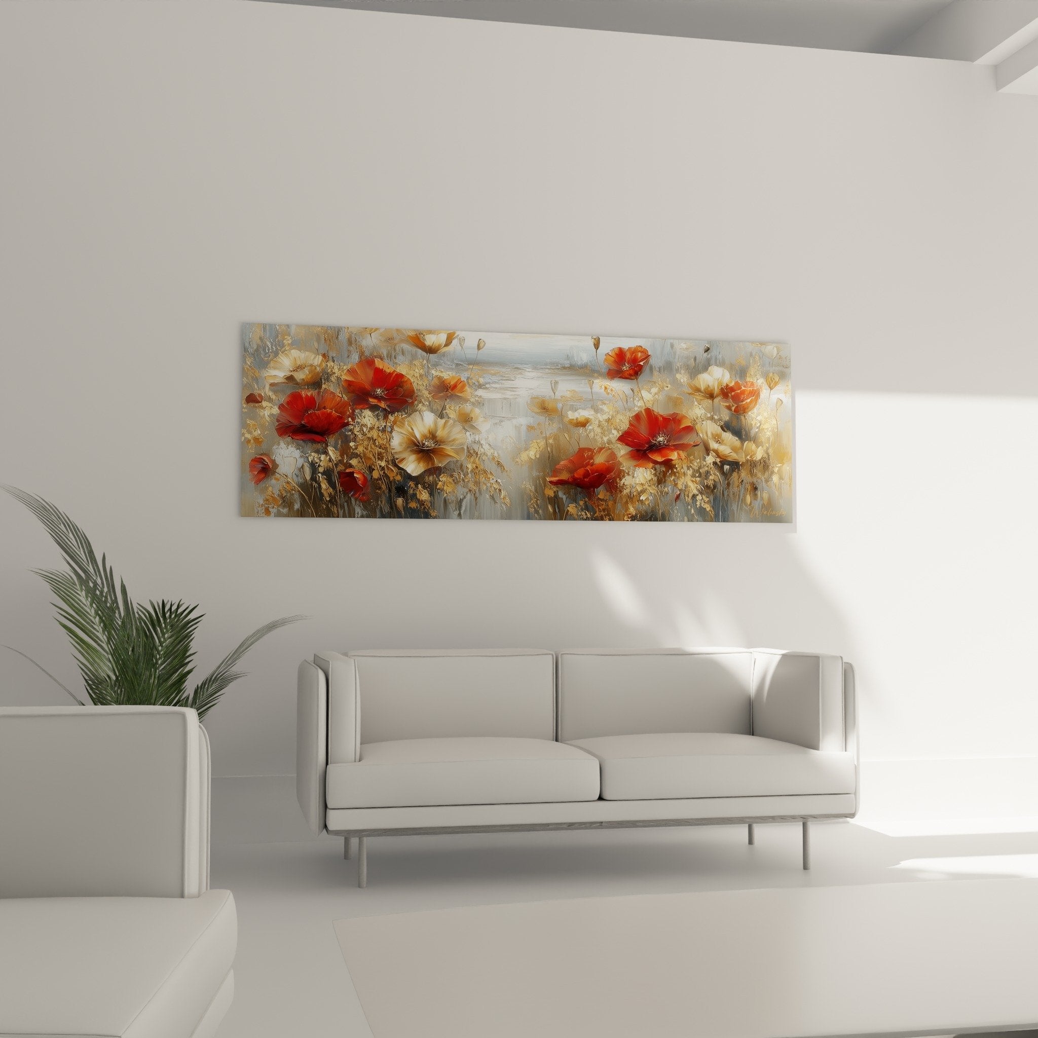 Poppy painting detail - vermillion red impasto and textured golden highlights