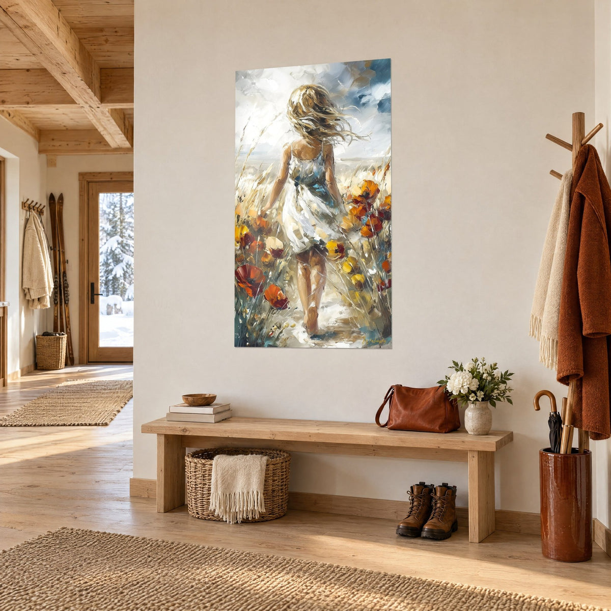 Tableau danse florale d'une silhouette en robe claire, pavots rouille et jaune safran, ciel bleu orageux, entrée de chalet en bois