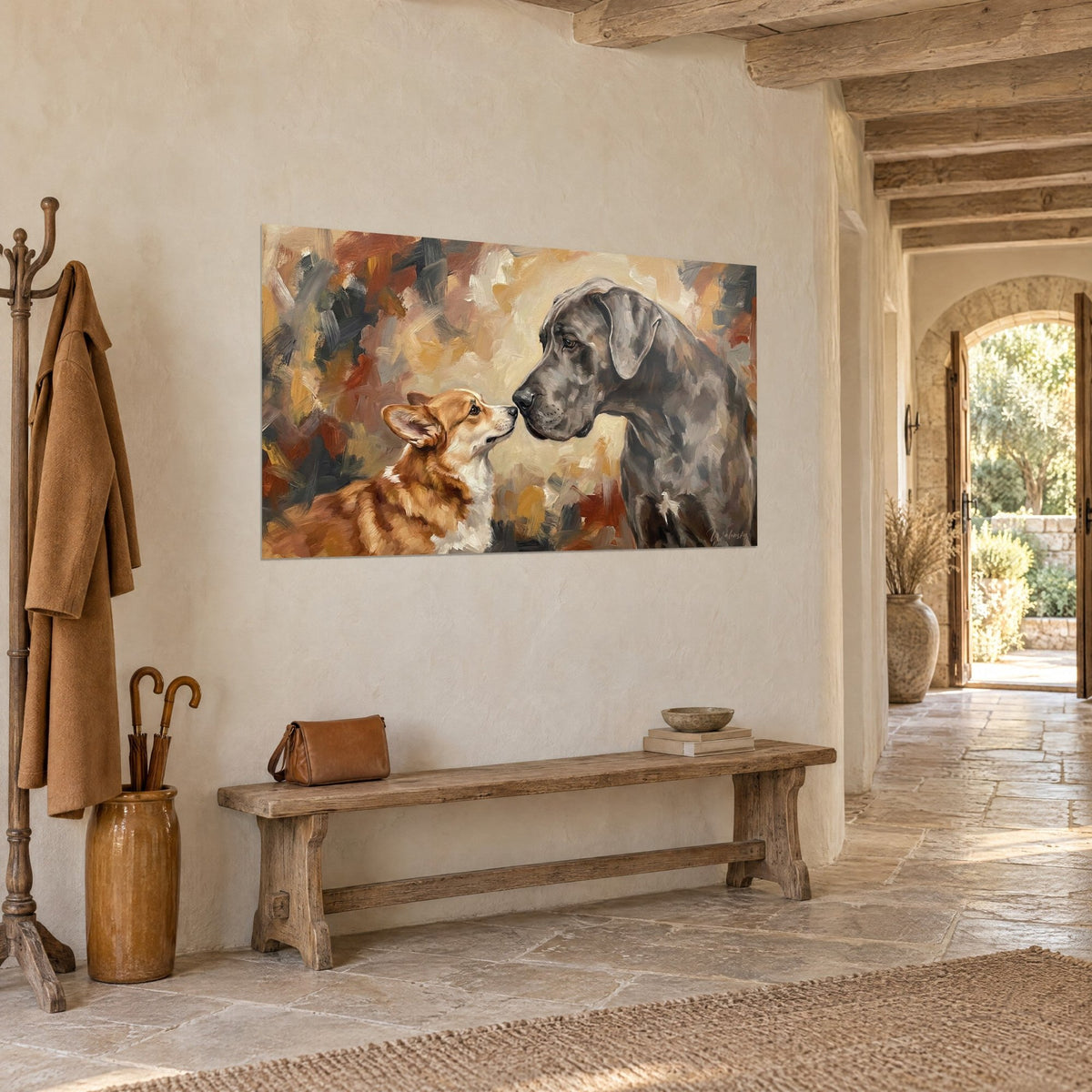 Wall art canine duo nose to nose, tawny and white coat against slate grey fur, rust touches, in a stone hallway