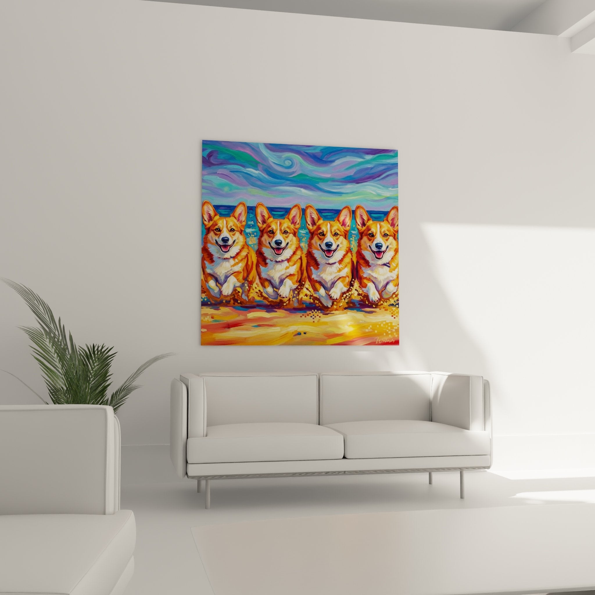 Detailgemälde Corgis fröhliche Ausdrücke rotbraunes weißes Fell realistische Maltechnik Impasto