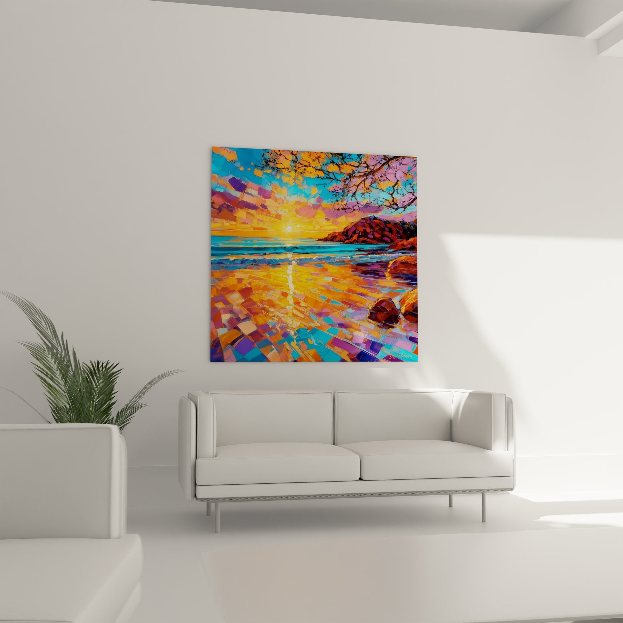 Détail peinture coucher de soleil plage technique colorée impressionniste