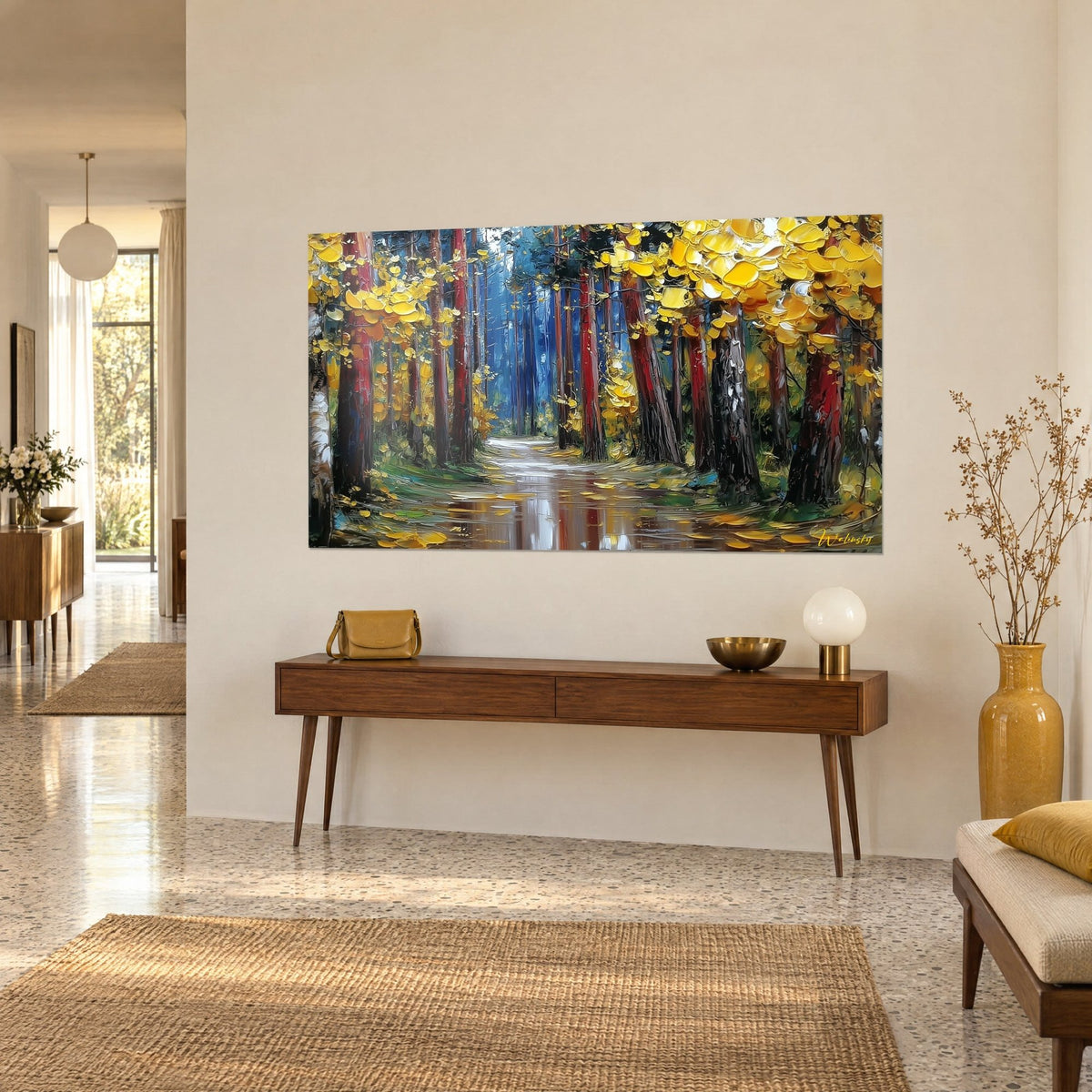 Wall art autumn undergrowth, thick impasto of saffron yellow and deep blue, glowing path, above a wooden console