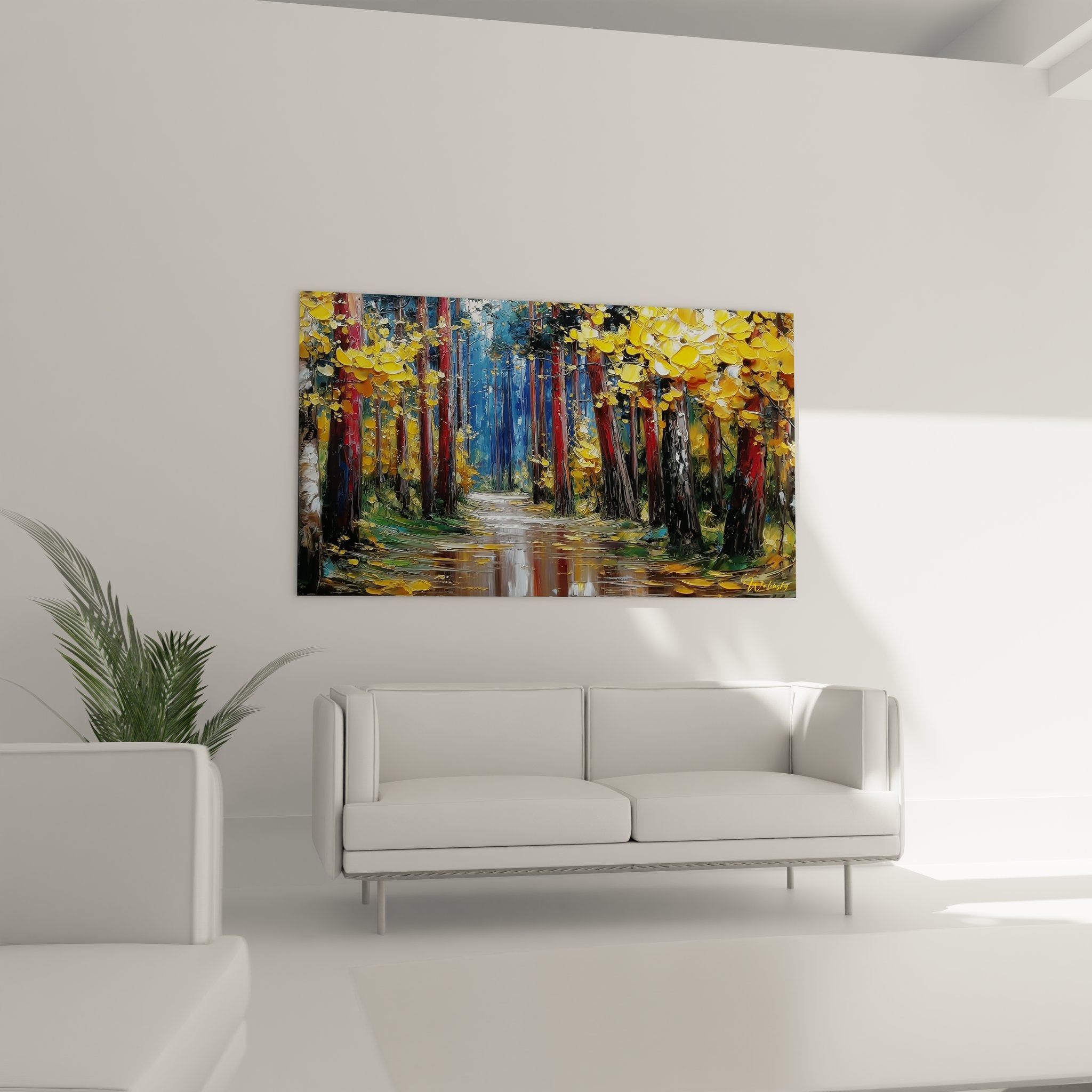 Détail peinture couteau allée forestière montrant texture riche et couleurs automnales vibrantes