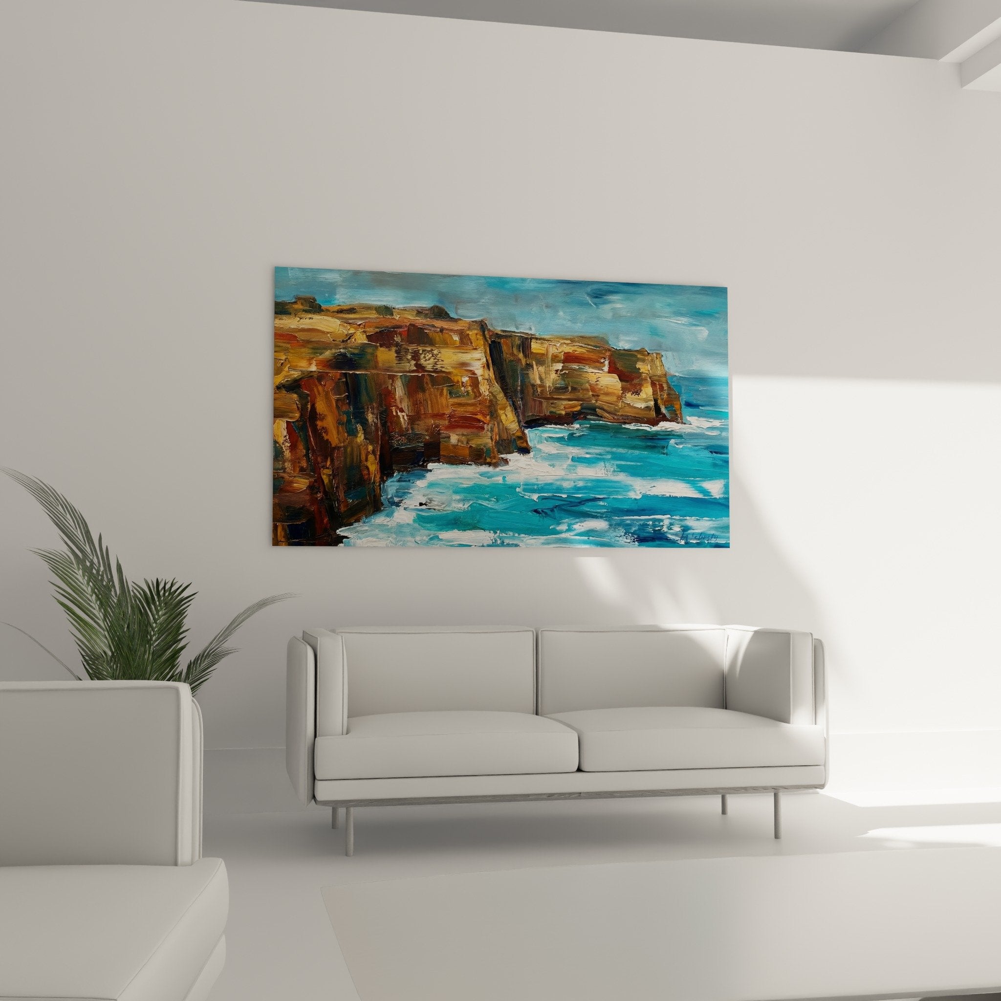 Détail peinture couteau falaises ocres texture empâtements tons chauds Bali