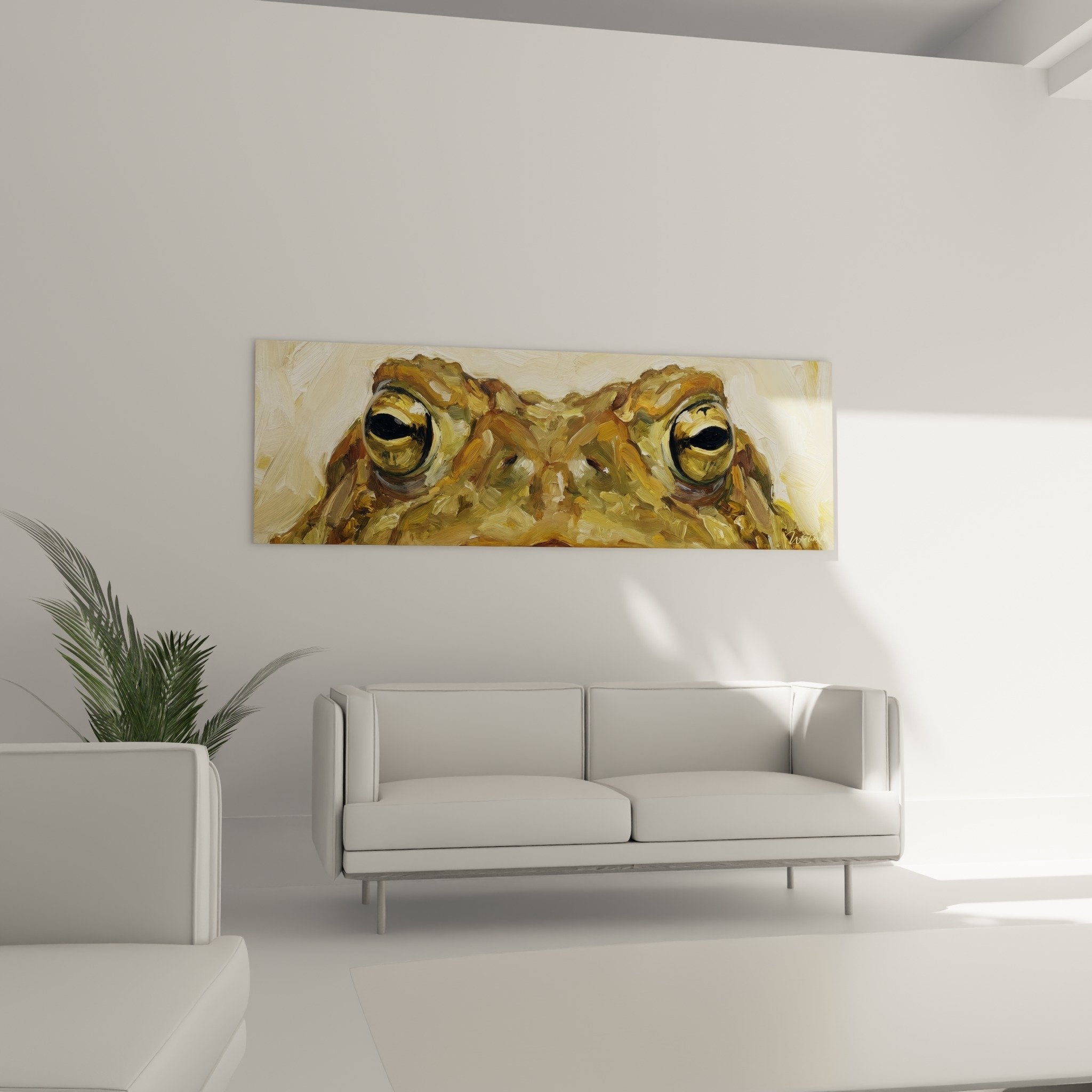 Close-up of toad eyes painting with golden details textured impasto visible brushstrokes expressive art