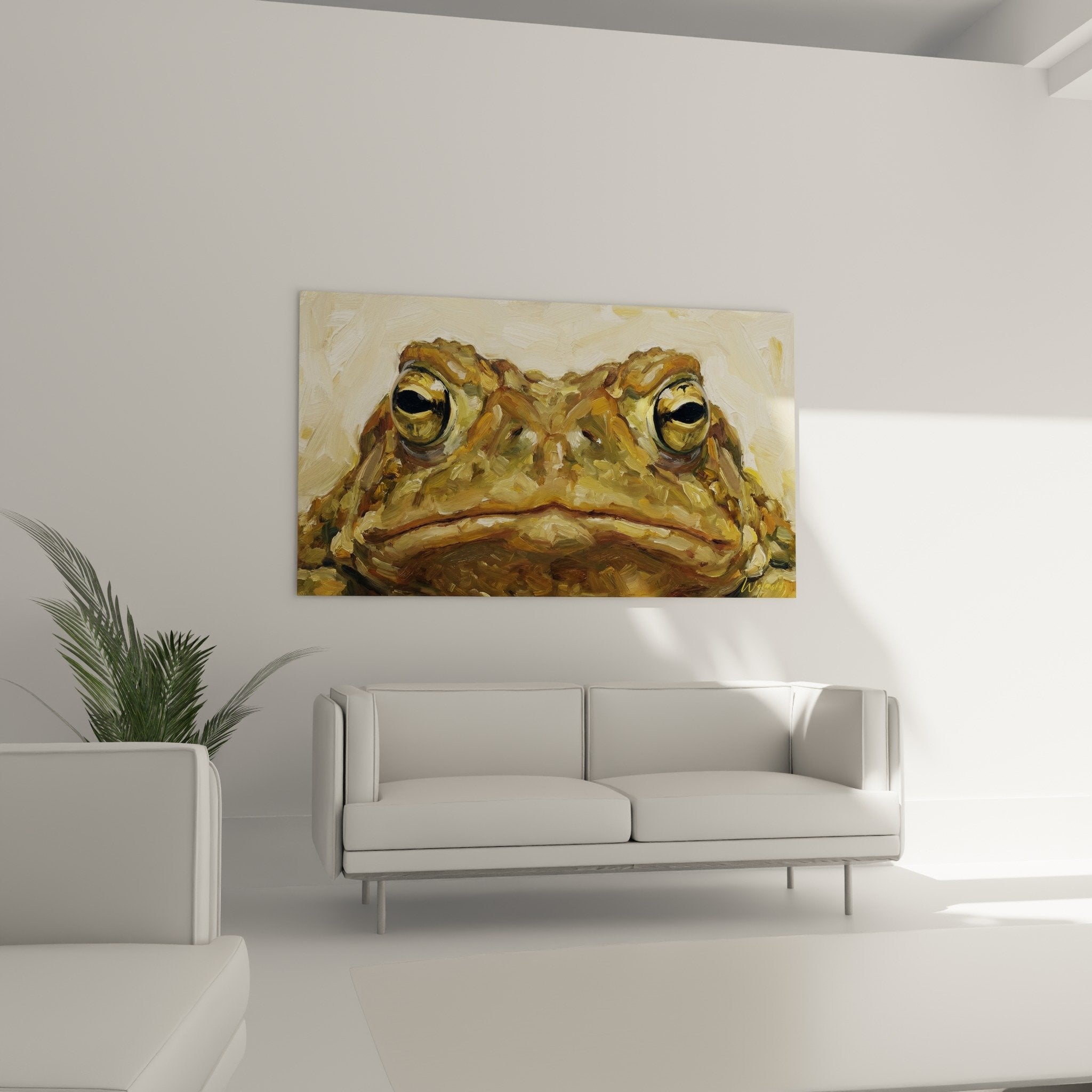 Detailansicht Froschgemälde mit goldenen Augen, raue Hautstruktur, sichtbare Pinselstriche malerische Technik