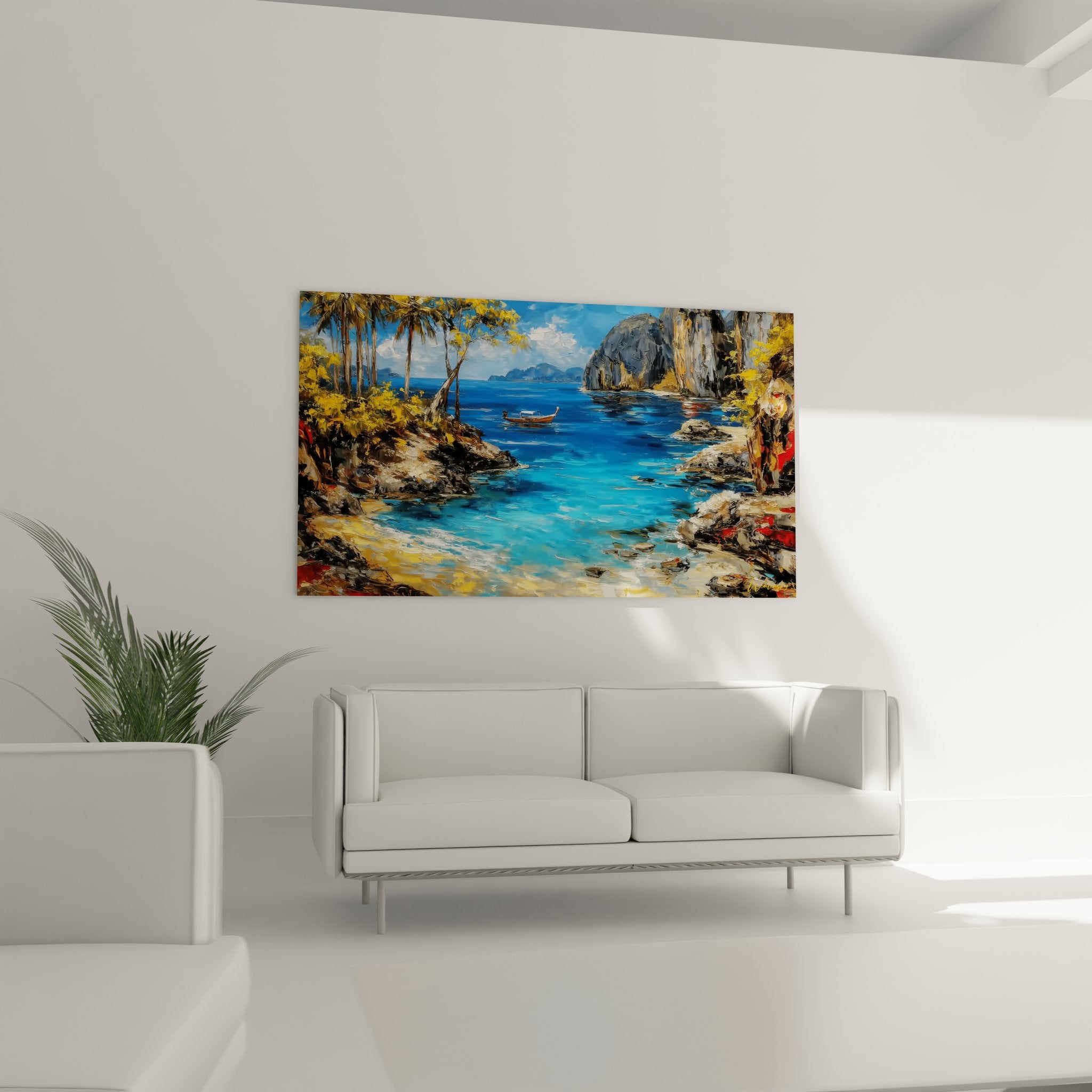 Détail peinture crique tropicale, technique empâtement et couleurs vives, art mural plage