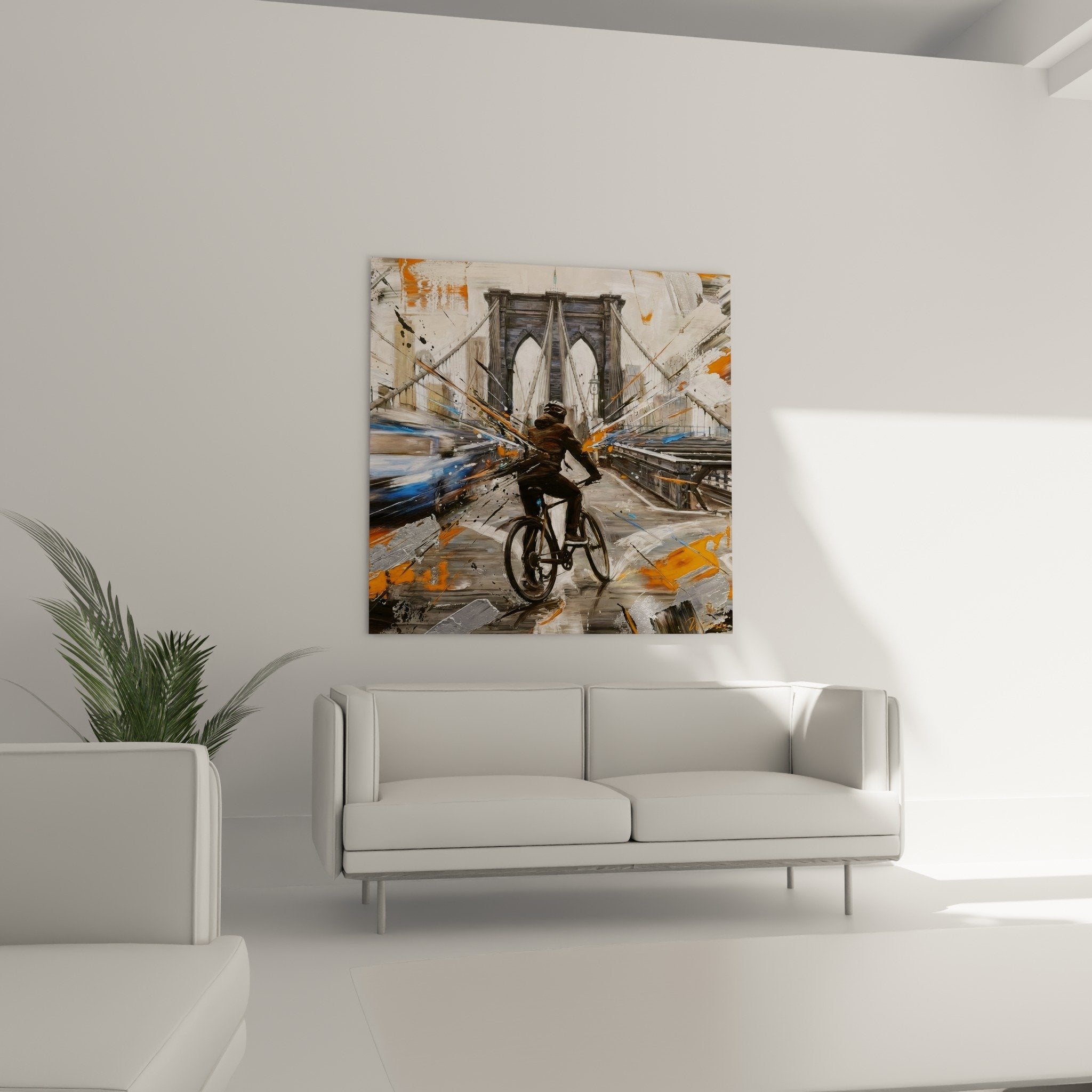 Textured gestural painting detail cyclist Brooklyn orange white strokes movement effect