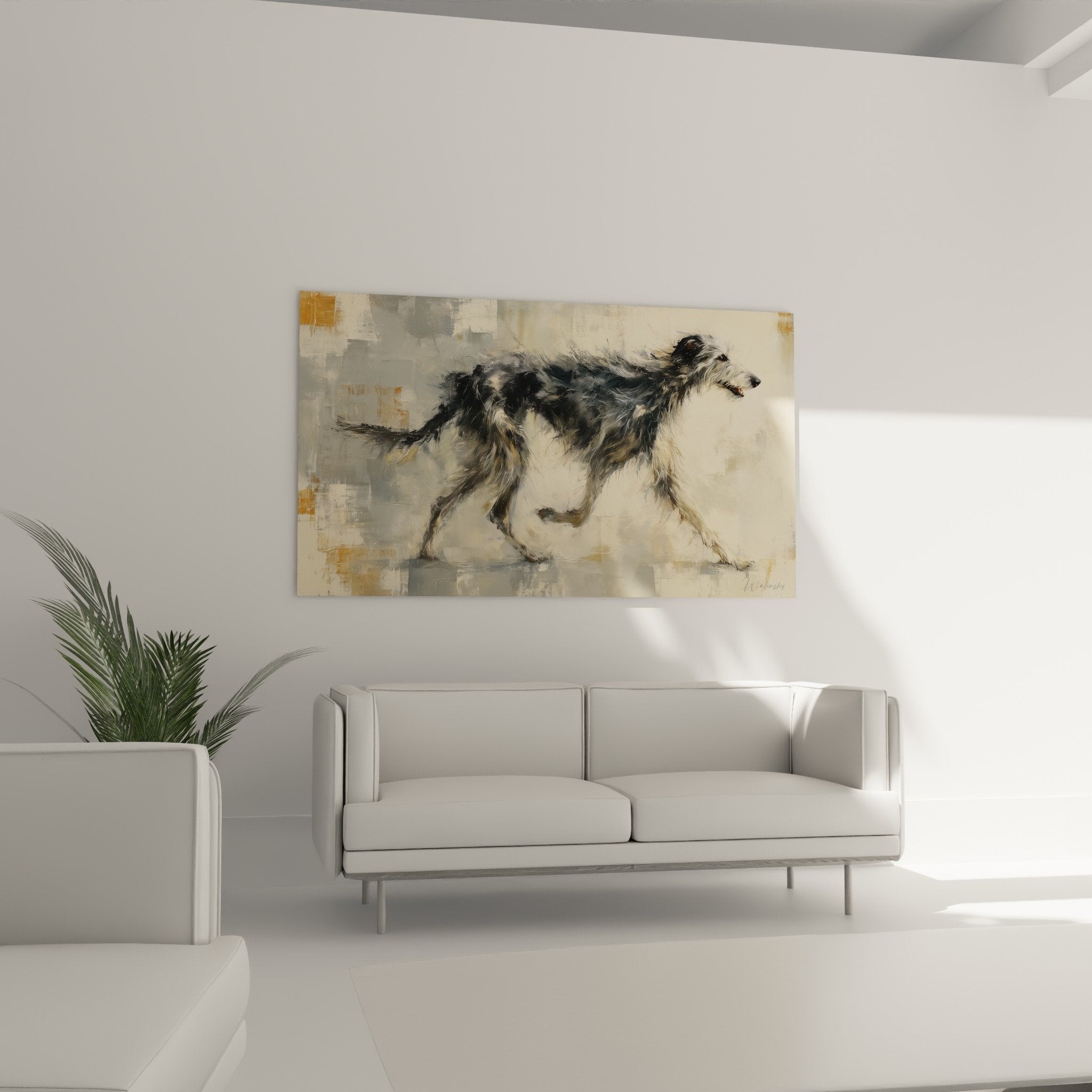 Detail peinture Deerhound pelage gris blanc coups pinceau expressifs texture artistique