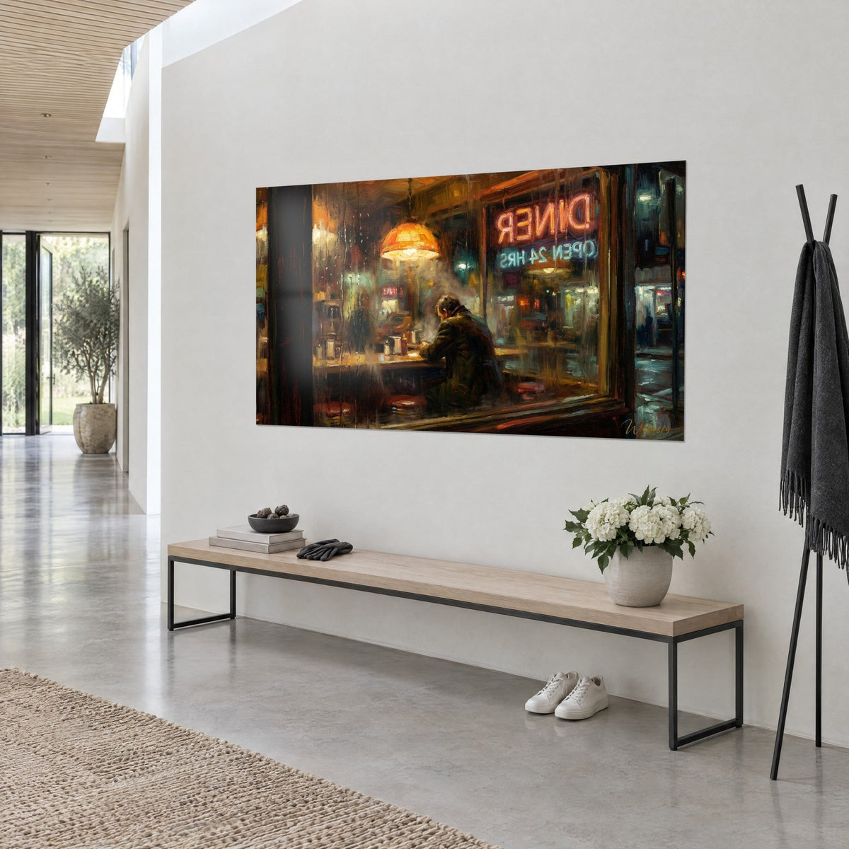 Wall art snack bar storefront at dusk, rain-streaked window, amber and turquoise, facing a wooden bench and a vase of white flowers