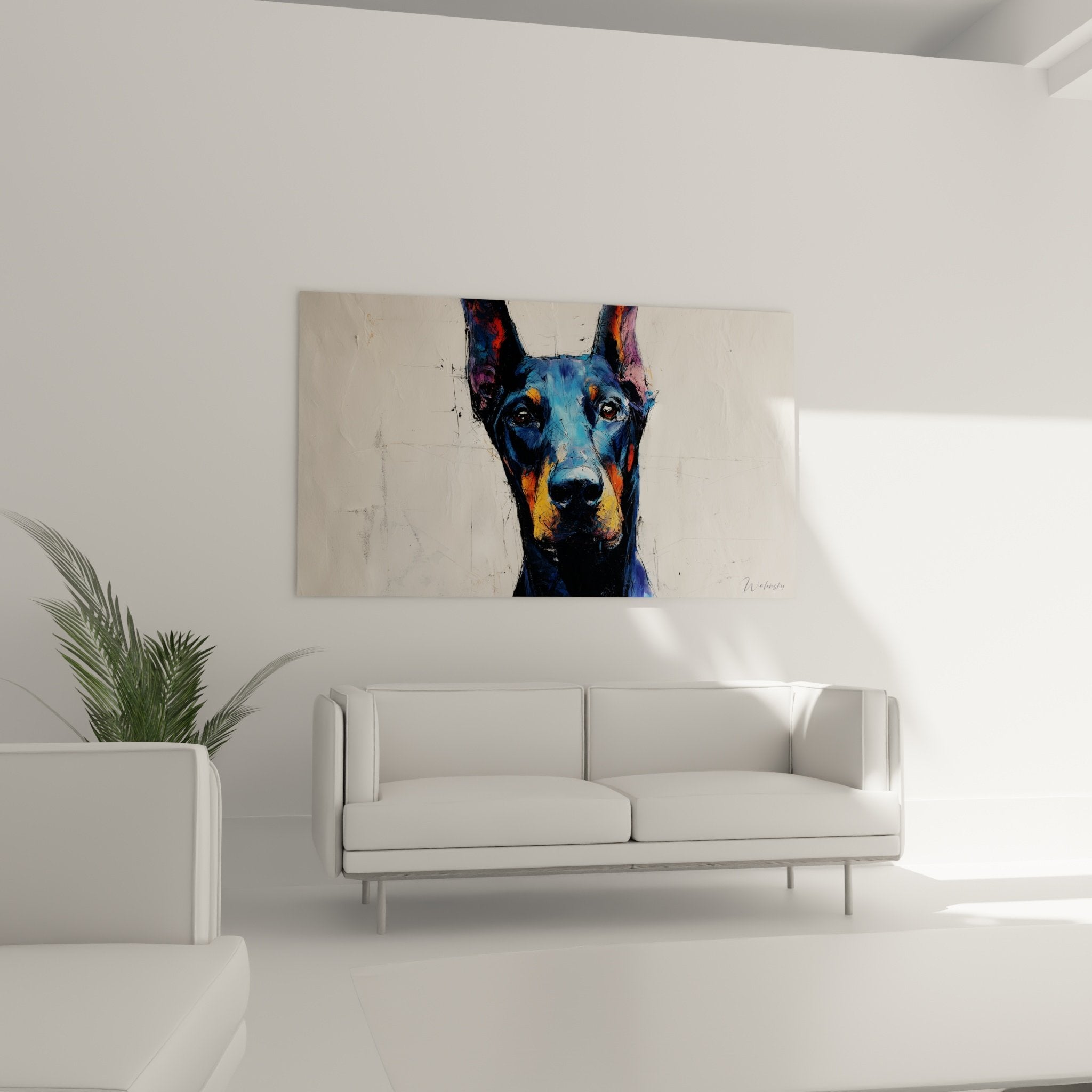 Gros plan portrait Doberman peinture bleue orange détails artistiques empâtements visibles technique picturale